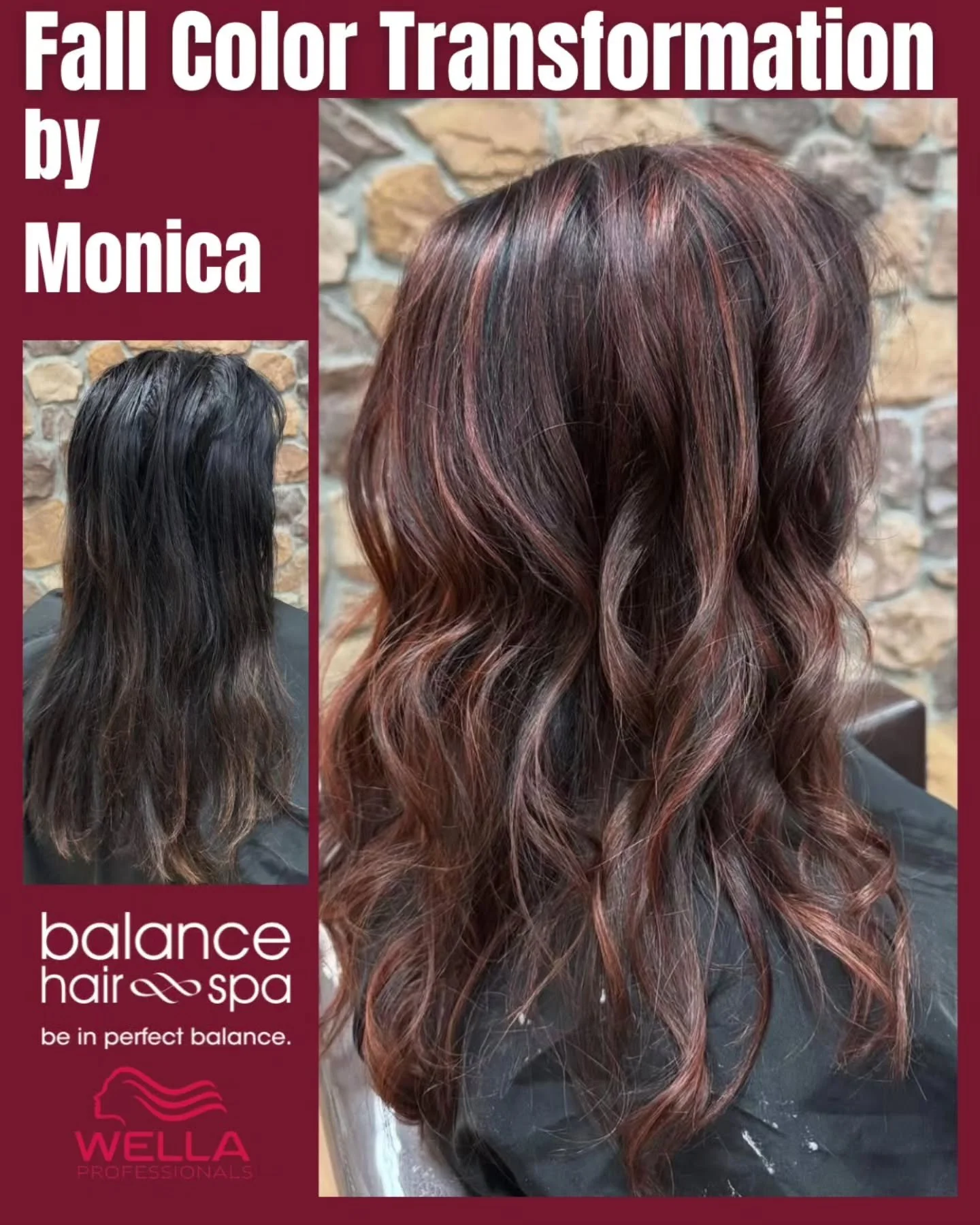 Check out this beautiful fall red transformation! Monica's client was looking for a change from her permanent dark color they had been doing for a few years now. Monica suggested a red toned hair color, to compliment her skin tone , fall changes and
