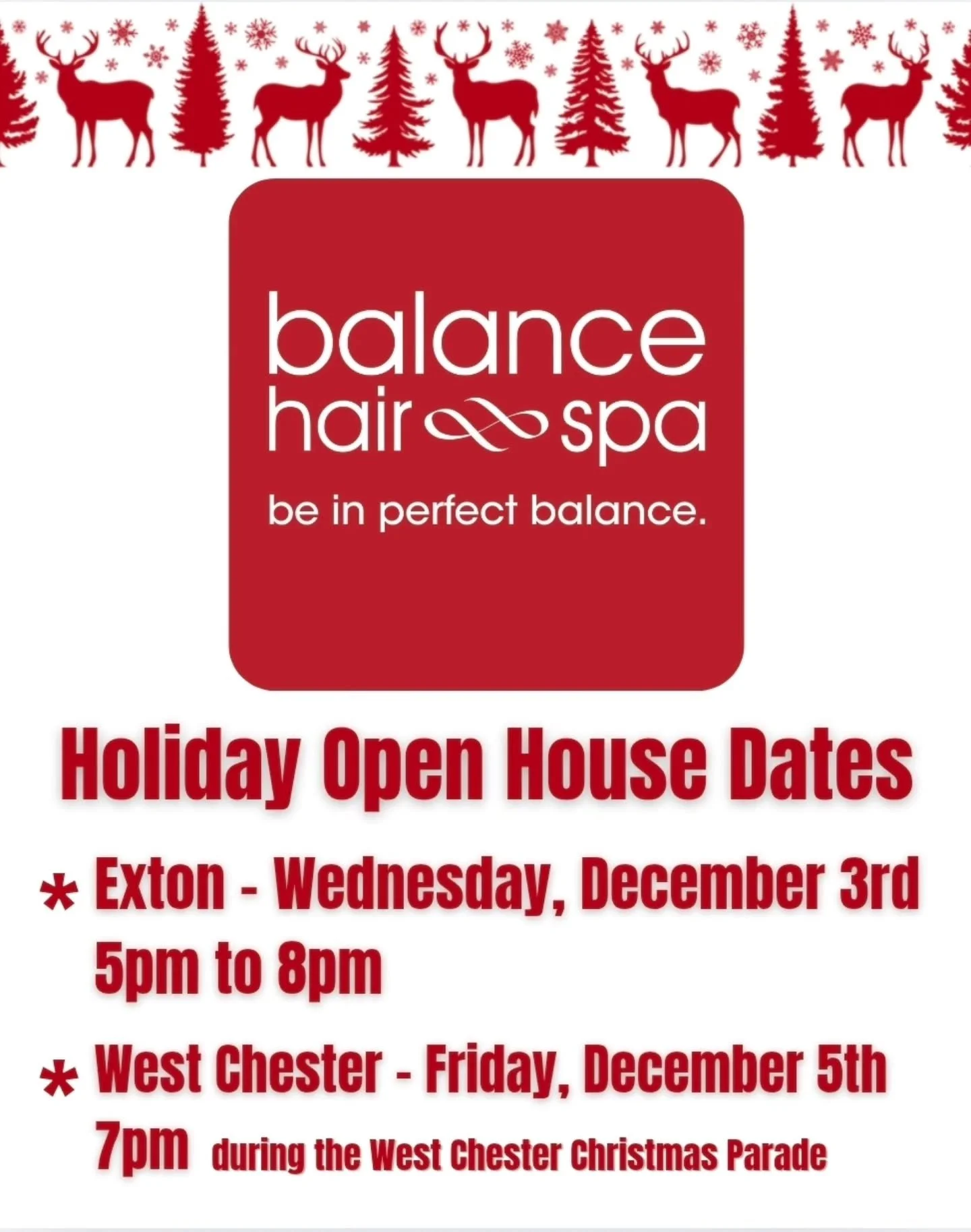The holidays are right around the corner.  Save these dates for our yearly Holiday Open House Parties. Stop in for a cocktail, hors d'oeuvres, and good music. Introduce your friends and family to our team of beauty professionals.  Save 20% off all pr