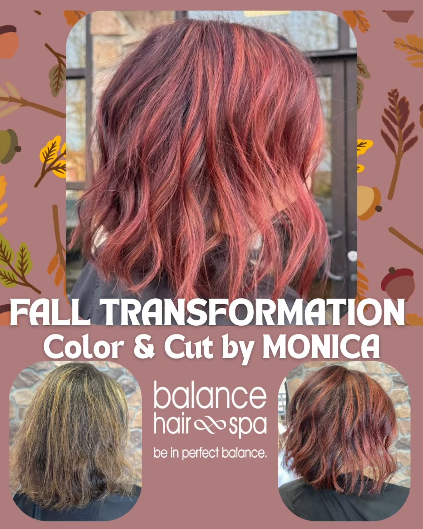 We're loving this fall transformation by our hair designer, Monica. She helped this client transition to a shorter cut and a beautiful multidimensional red hair color. Her client loved it so much, she posted these pictures for us to share. Let Monica