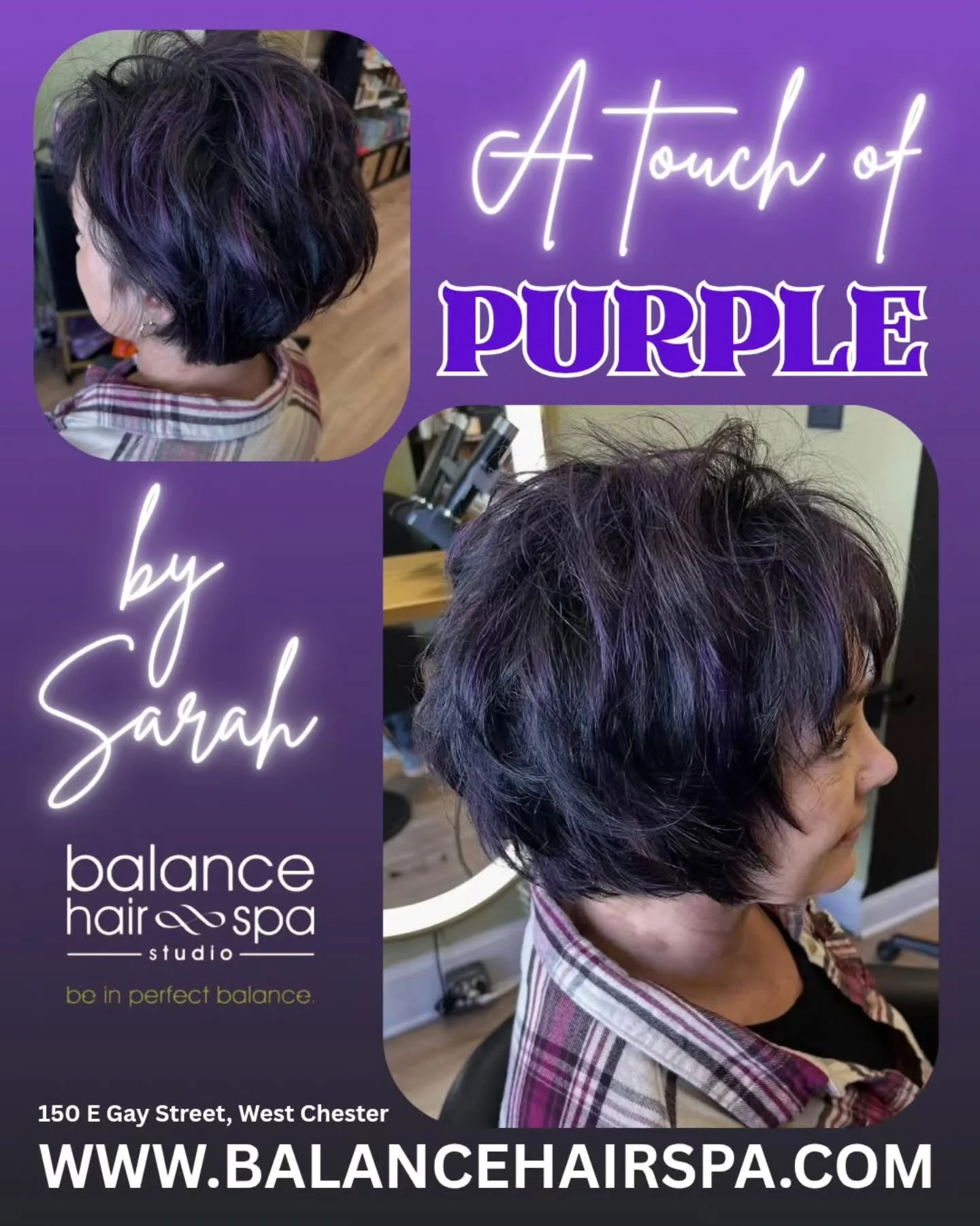 Our designer, Sarah. Had fun with this client who wanted a pop of purple with her color. Let Sarah help you find the fun in your style.  Make an appointment today at 
https://balancehairspa.com/appointment-request

#beinperfectbalance #beautyatbalanc