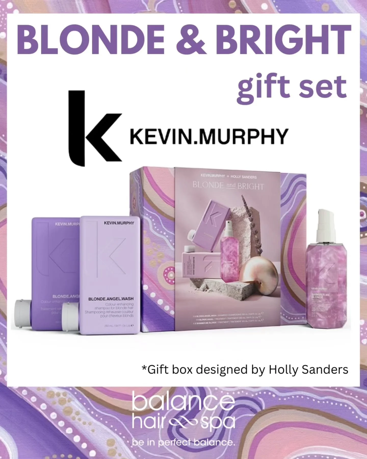 Check out all of our Kevin.Murphy holiday gift sets before they sell out. This Blonde And Bright set includes the Blonde.Angel shampoo and rinse, and the Shimmer.Me Blonde shine spray, in a custom designed box by artist, Holly Sanders. 
#beinperfectb