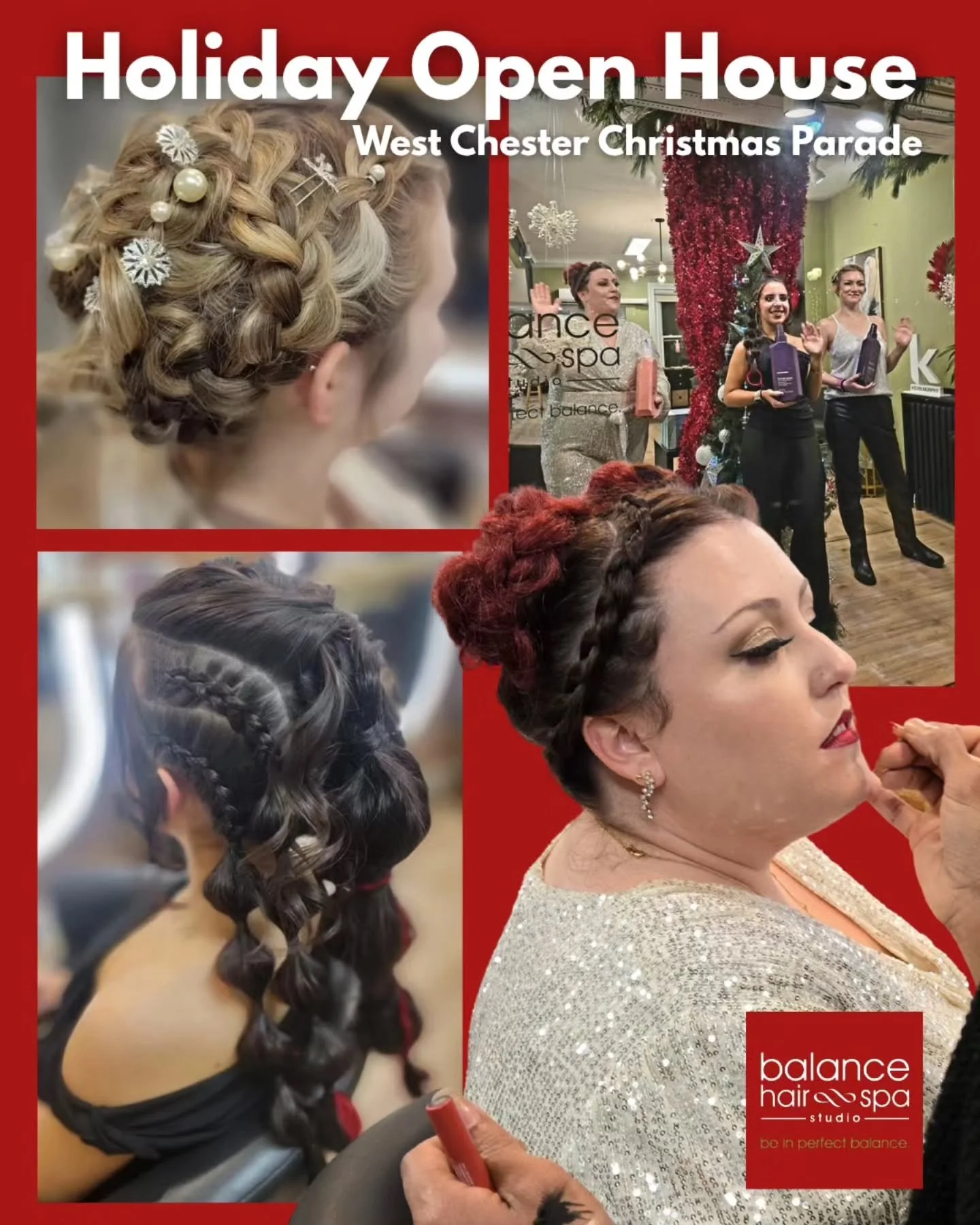 Our team of beauty professionals including,  Alyssa, John, Hope, and Kenzie had a blast being creative last Friday for our Holiday Open House.  This year we brought back our window models to showcase during the West Chester Christmas Parade.  Our the