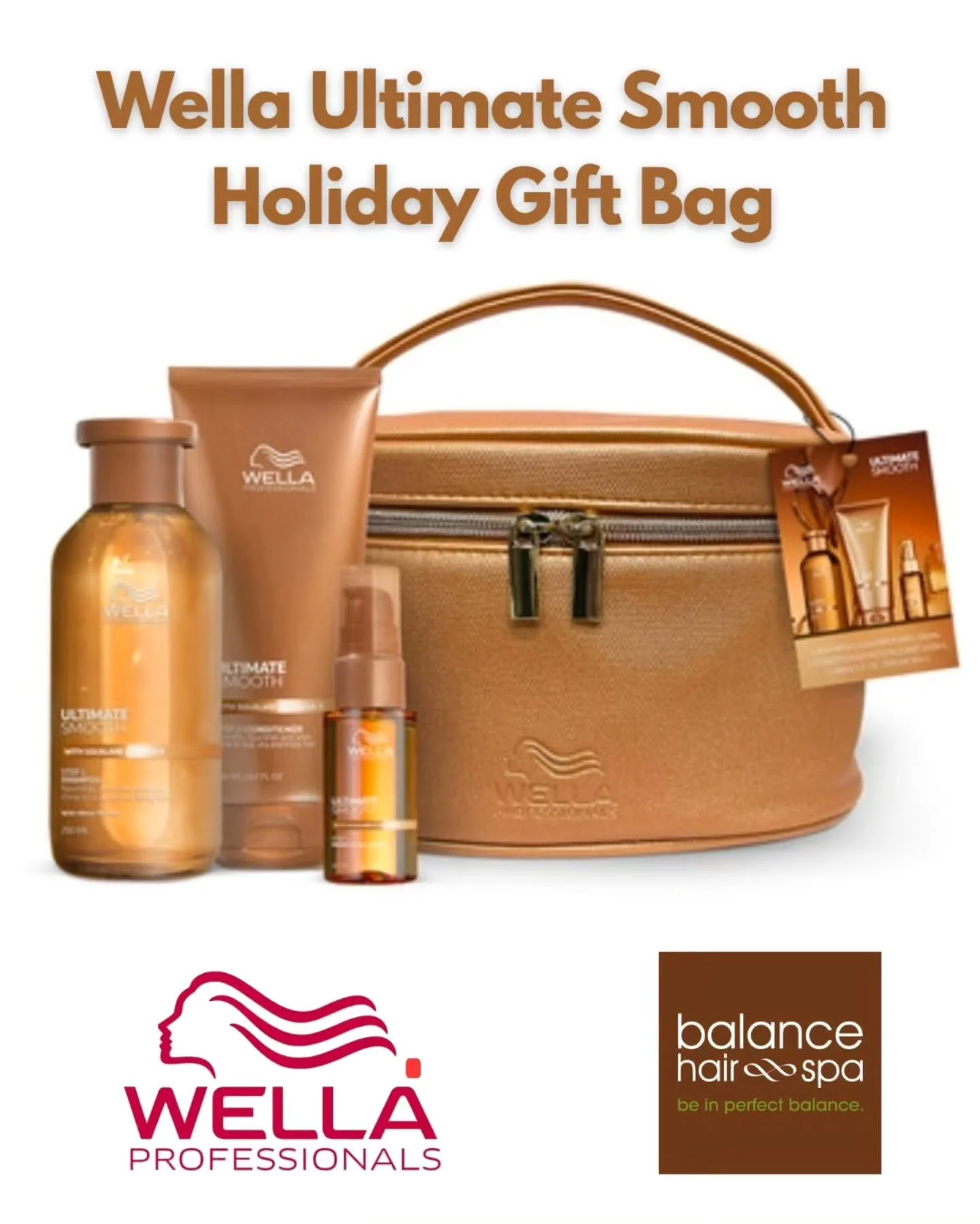 Tame frizz and achieve smoother hair with Wella's Ultimate Smooth Holiday Gift Bag. This set features the shampoo,  conditioner,  and oil . Get it while supplies last. 
https://balancehairspa.com/appointment-request
#beinperfectbalance #beautyatbalan