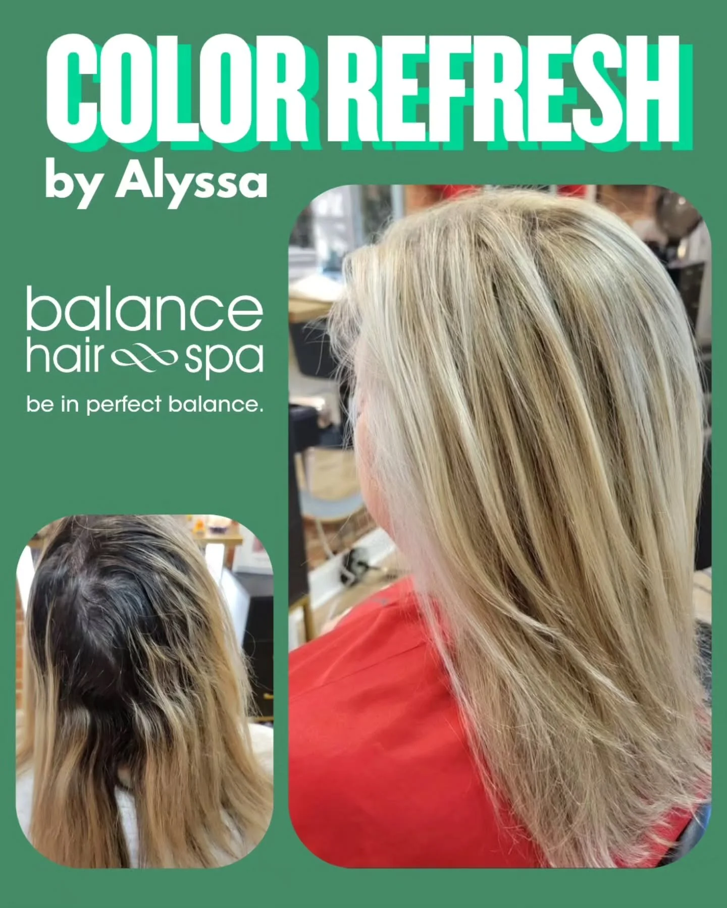 Is it time to refresh your color? Our hair designer,  Alyssa is here at the studio doing just that for this client.  She needed her roots done and her blonde back. Let Alyssa or any of our beauty professionals help you get your color back on track. M