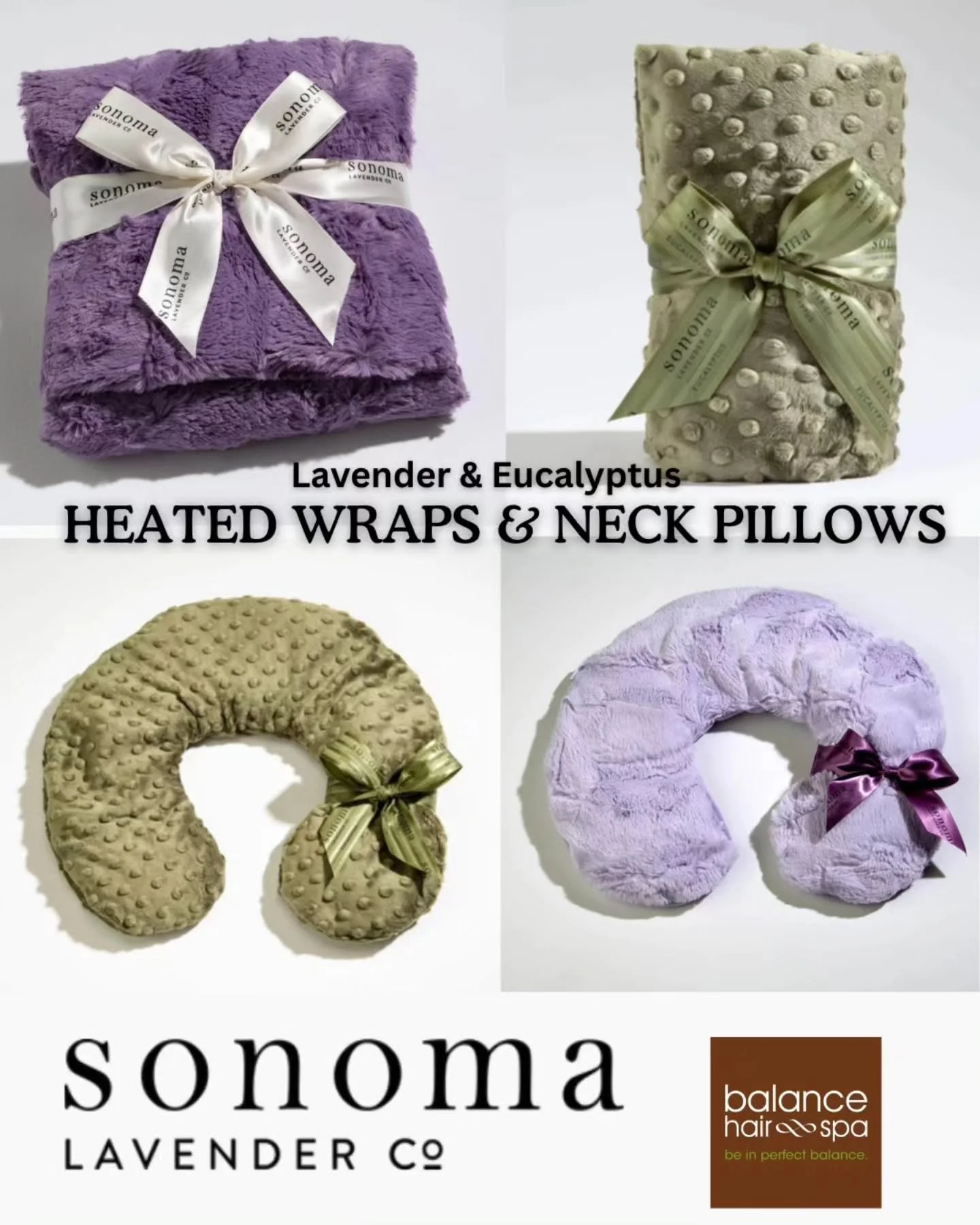 Give the gift of wellness with a heated wrap or neck pillow by Sonoma Lavender Company.  These microwaveable wraps are filled with flaxseed and dried botanicals including lavender (purple) and eucalyptus (green). A prefect gift to soothe achy muscles