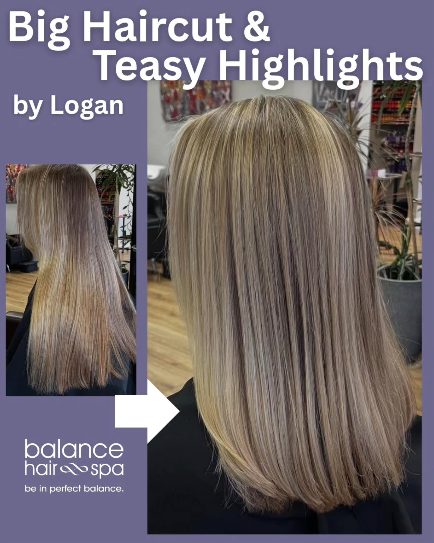 Our hair designer,  Logan, helped this client with a big cut and color. She did a teased highlight for a softer look. Let Logan help you transform your look too. Make an appointment today at 
https://balancehairspa.com/appointment-request 
#beautyatb