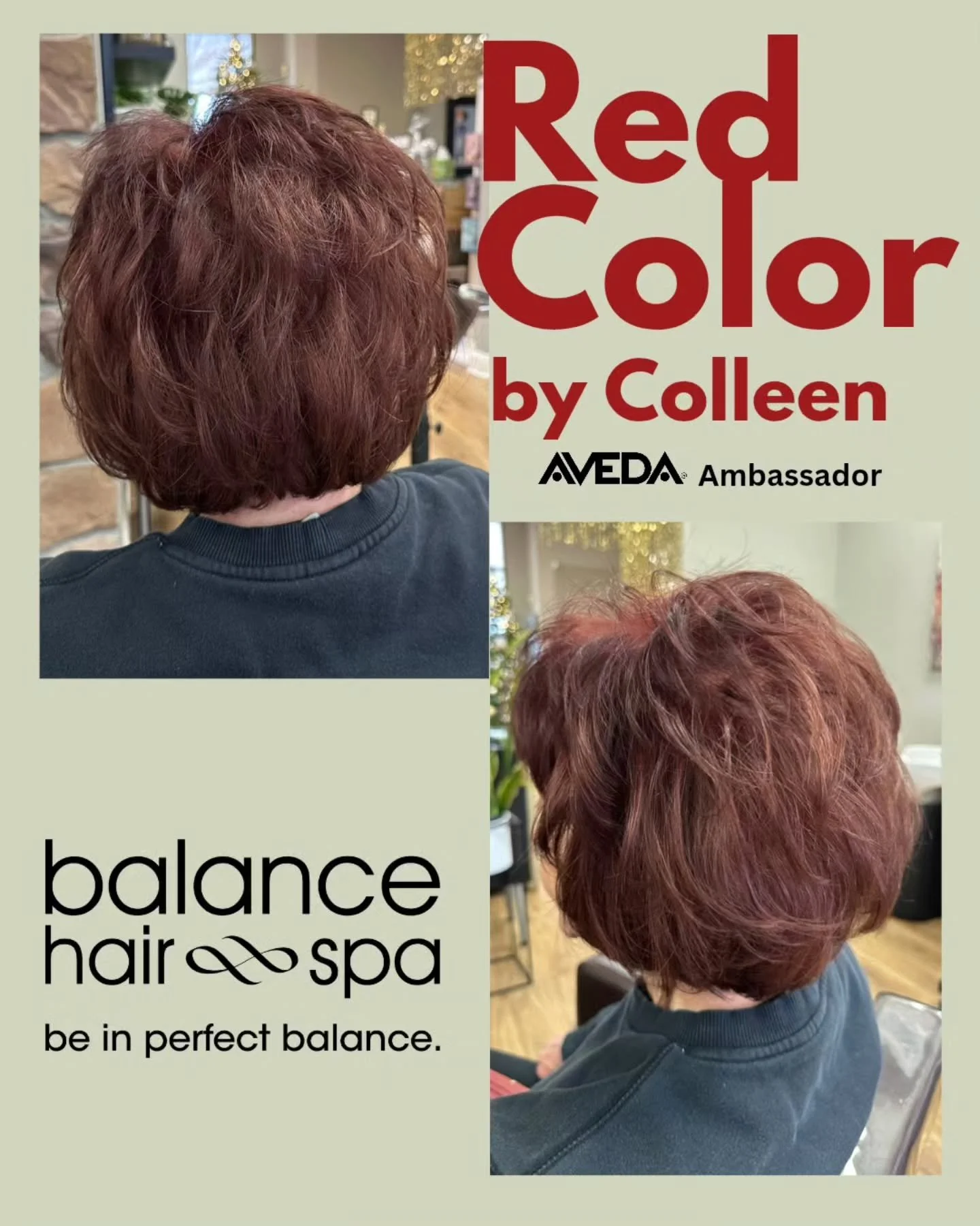 A beautiful red using Aveda Professional color by our Ambassador,  Colleen.  Let her help you find the color that best fits your style.  Make an appointment today at 
https://balancehairspa.com/appointment-request
#beautyatbalance
#beautyatbalance @c