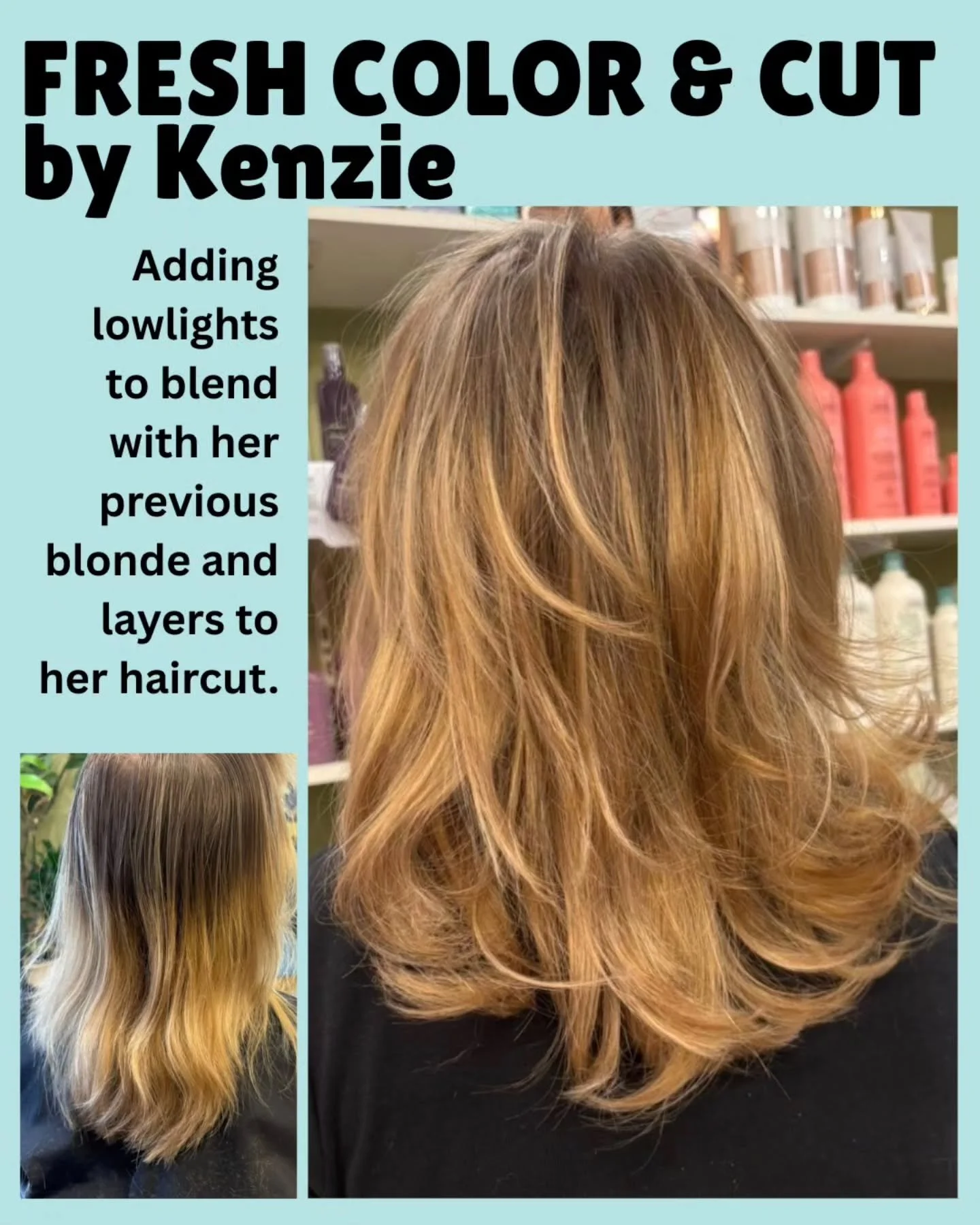 Our hair designer, Kenzie, helped her client blend her natural color with her previous blonde color by adding lowlights. This softens her line of demarcation and allows her to continue to grow out of her blonde. Then Kenzie gave her a fresh cut with 