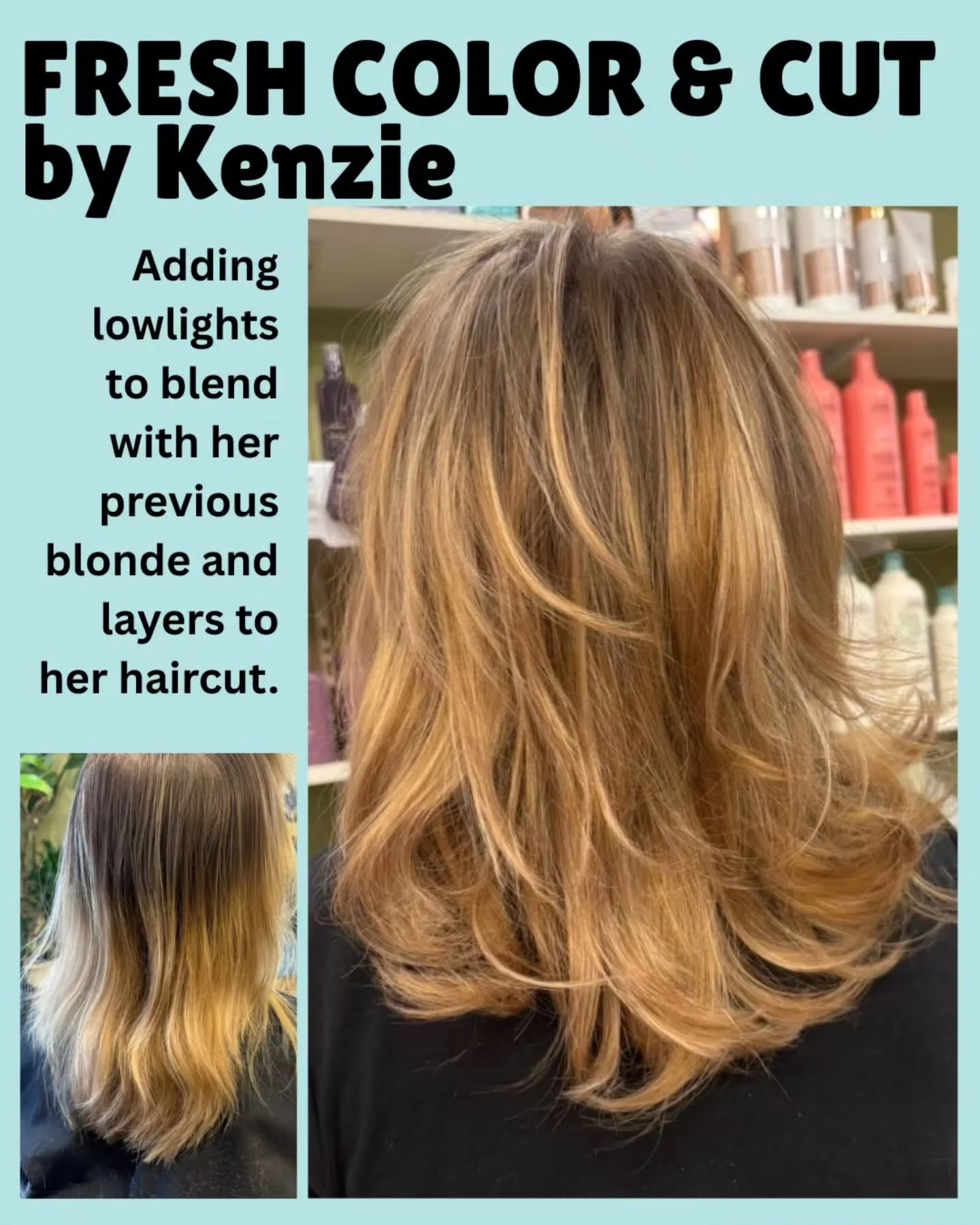 Our hair designer, Kenzie, helped her client blend her natural color with her previous blonde color by adding lowlights. This softens her line of demarcation and allows her to continue to grow out of her blonde. Then Kenzie gave her a fresh cut with 