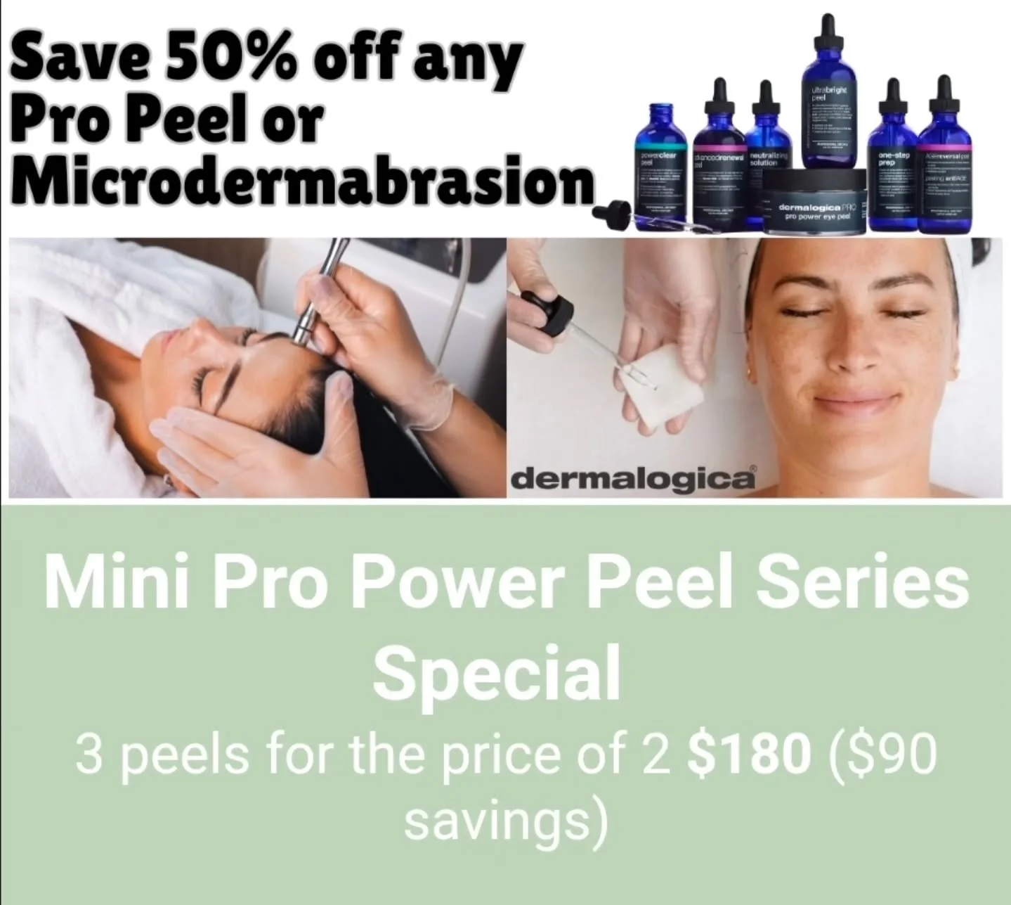 It's time to renew and rejuvenate with an advanced pro power peel or microdermabrasion.  Save 50% off this month. Continue your renewal journey by purchasing a mini series of 3 peels for the price of 2. Make an appointment today and get started on be