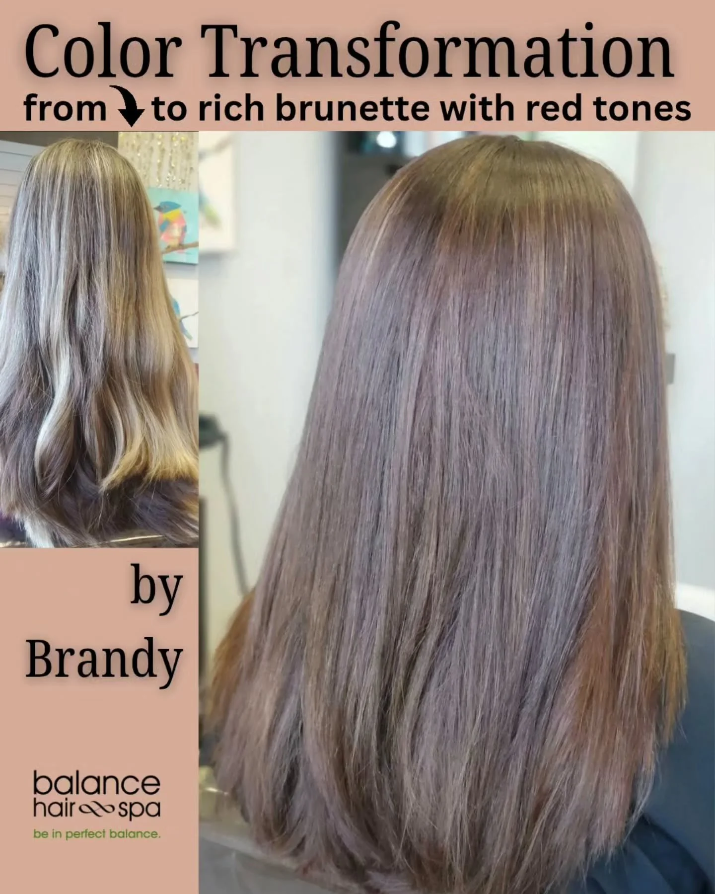 Our hair designer,  Brandy, helped this client with a big transformation.  Taking several layers of previous color and highlights, and turning  it into a beautiful brunette with warm red tones.  Brandy took careful steps throughout the process to min