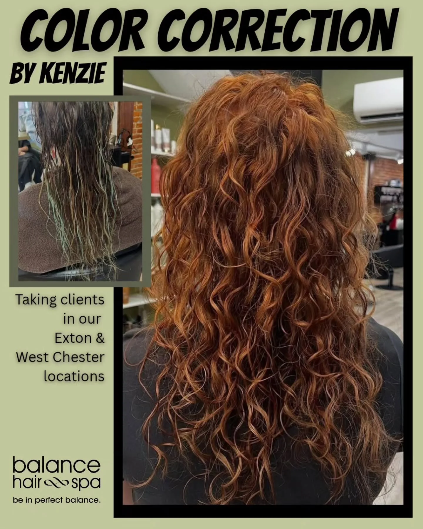 Our Hair Designer,  Kenzie, did an incredible color correction for this client.  She came in with multiple layers of grown out box color and vivid colors that faded to a greenish color. Using our Malibu C professional vegan treatments, she was able t