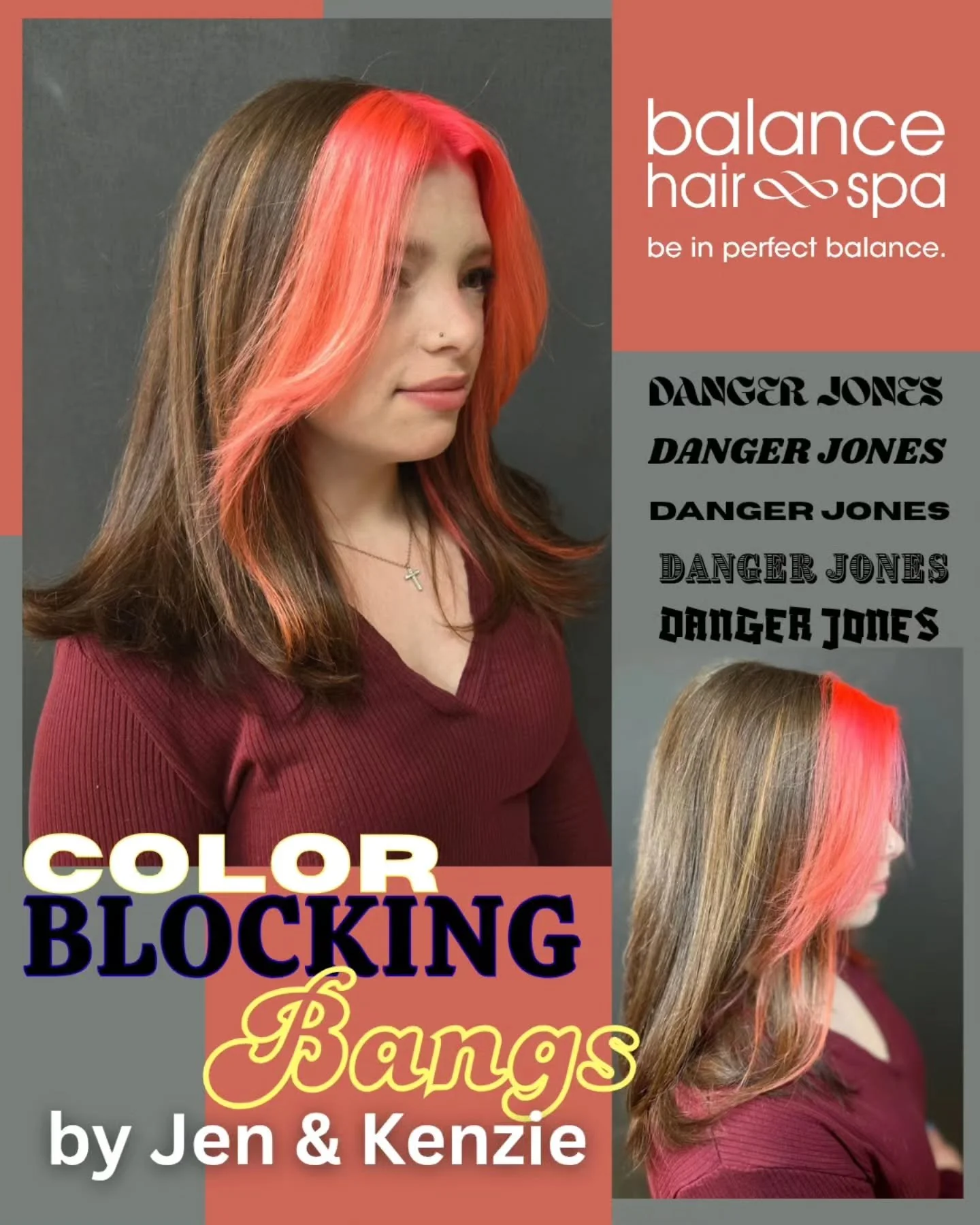 Time was in a crunch, so Jen &amp; Kenzie worked together to give this client pink bangs. They did a color blocking technique and used Danger Jones for the fun color.  Let our team help you find the color that best fits your style.  Make an appointme