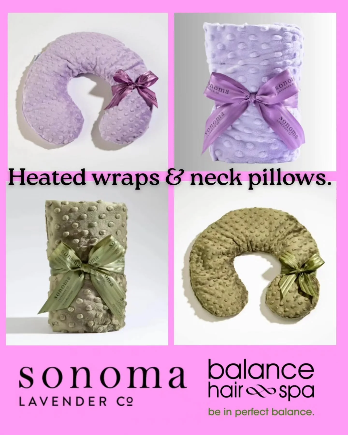 The perfect gift for you or your Valentine. These heated spa wraps and neck pillows come in lavender or eucalyptus for your desired scent. Lavender is calming while eucalyptus is more invigorating. Only a few minutes in the microwave and you can have