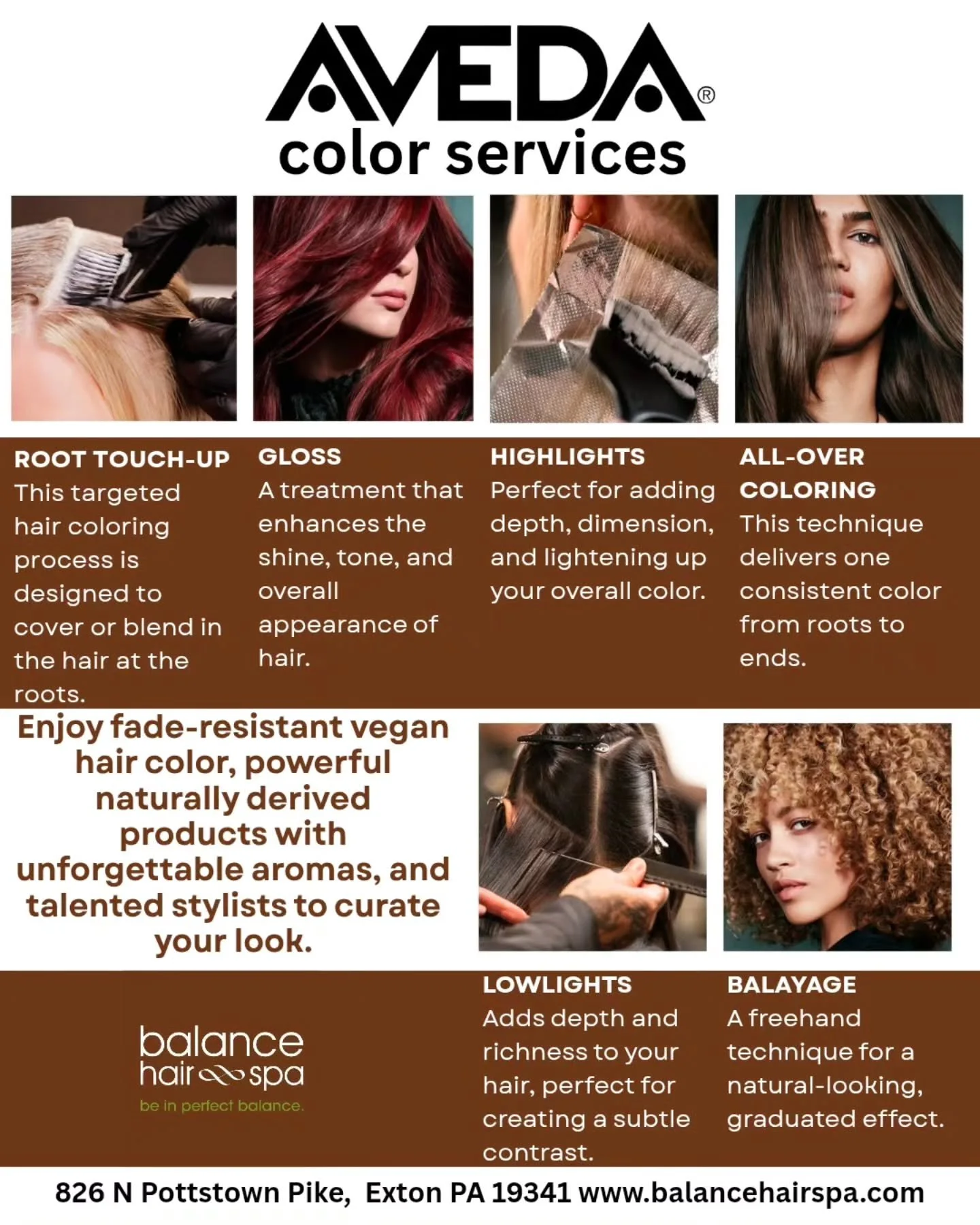 Only Aveda colorists have the precision to create one-of-a-kind hair color with our palette. 
AVEDA color formula is vegan, 96% naturally derived*, and made with plant-based conditioners that nourish hair. It&rsquo;s color that doesn't compromise hai