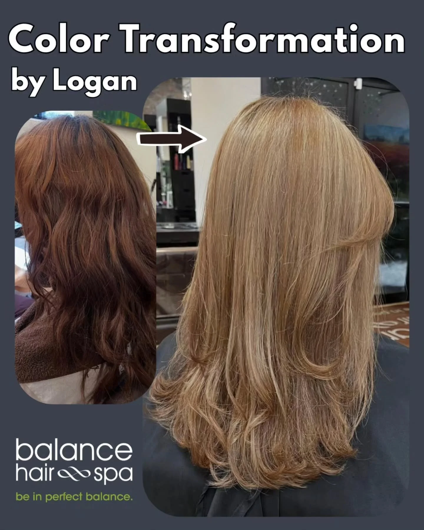Our hair designer,  Logan, helped transform this client's color, brighten up her look and getting rid of the deep red. Logan took the time to do a heavy highlight using the right formulation and professional products to protect her client's hair thro