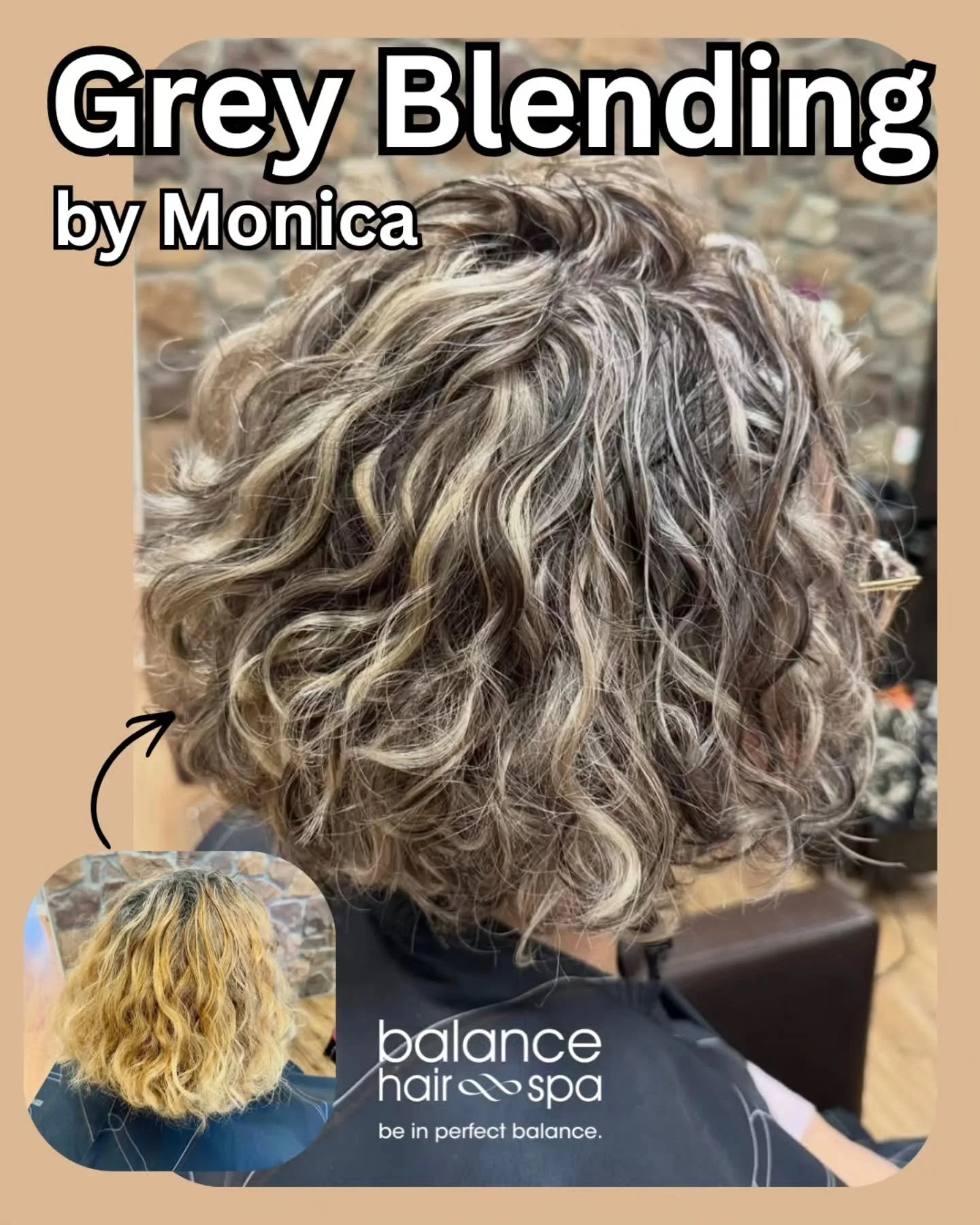 This client wanted to venture into grey blending without fully committing to all grey. Our hair designer, Monica, broke up the solid previous colored hair by matching her natural grey pattern and then toned with a slightly cooler grey , but stilleavi