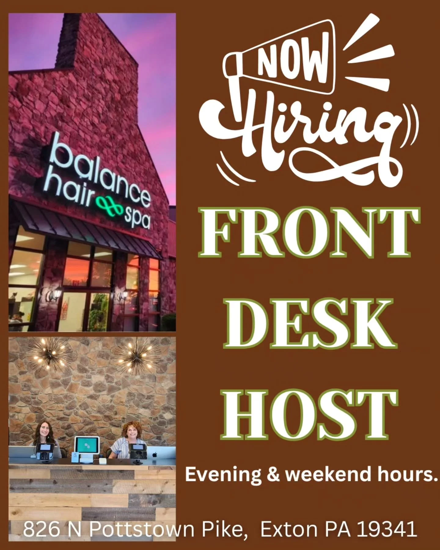 JOIN OUR TEAM!! We're looking for a friendly, fun, energetic front desk host to work evenings and weekends. This is a part time position perfect for students or someone looking for extra income. 
Send your bio or email to Biff@balancehairspa.com with