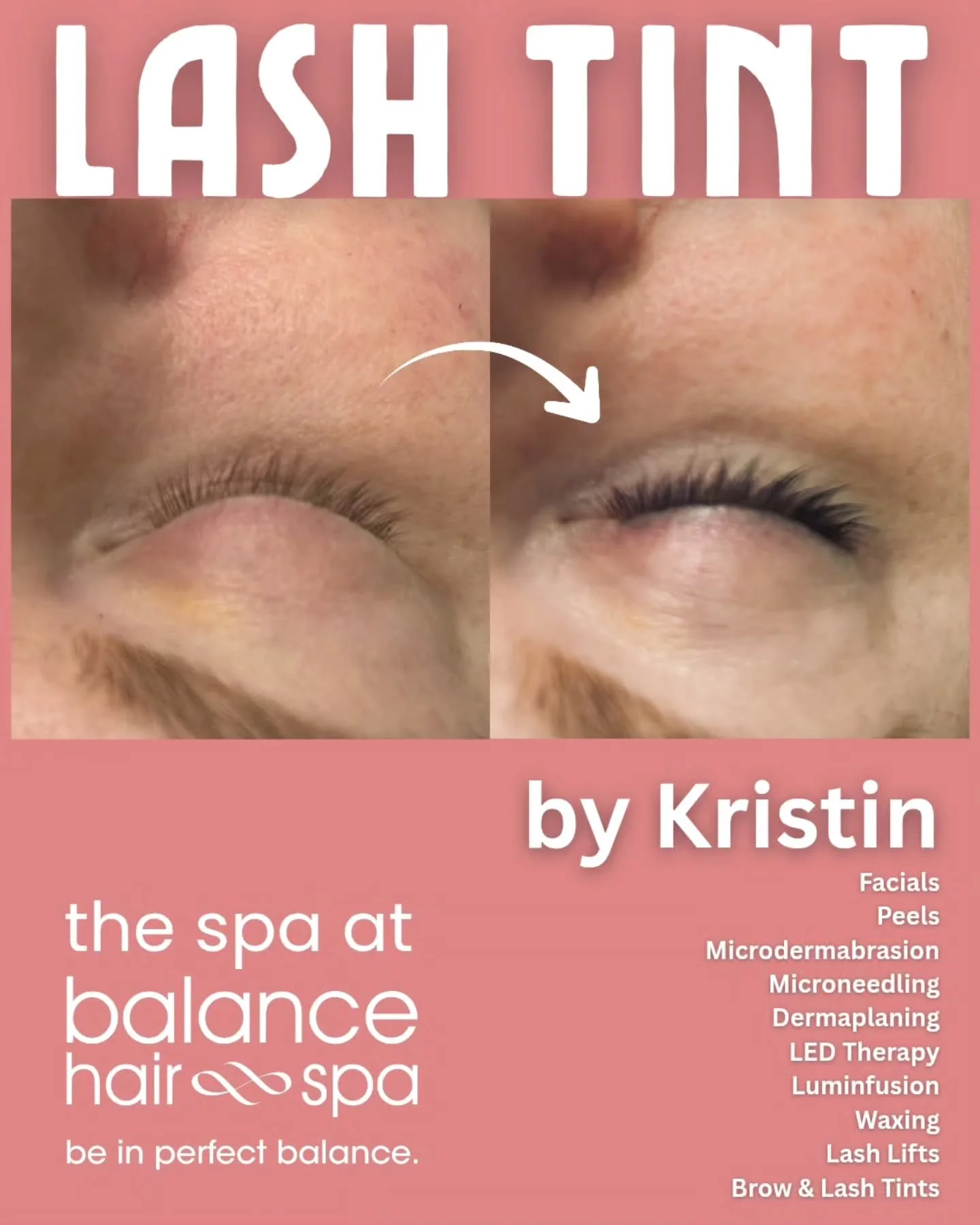 No need to apply or reapply mascara when you have your lashes tinted. Our Esthetician, Krisitin, does lash lifts and tints as well as eye brow tinting. Your lashes will always look their best throughout the day. Make an appointment at
https://balance