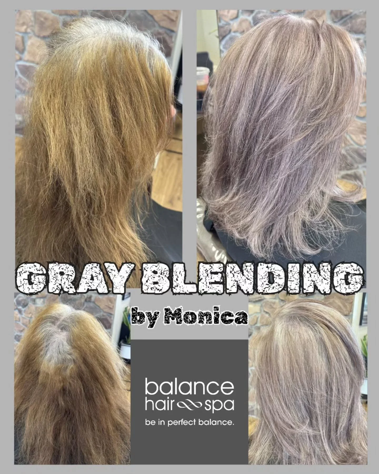 Another amazing gray blending by our hair designer, Monica. This client was done fighting her grays and decided to take the steps to fully embrace them and make her maintenence much easier.  Let Monica help you embrace your grays. Book a color consul