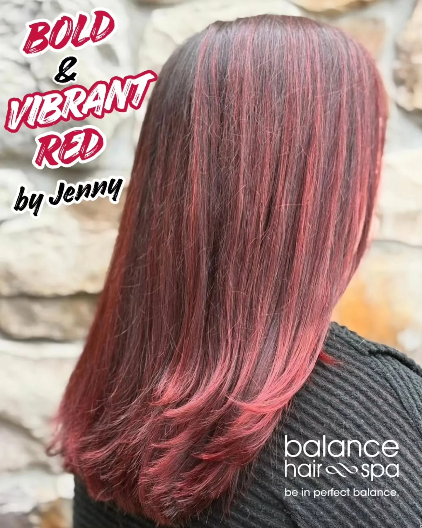 Give your style a color kick with bold highlights. Our hair designer, Jenny, helped this client achieve beautifully vibrant red highlights. Let her help you give your style a boost. Make an appointment today at 
https://balancehairspa.com/appointment