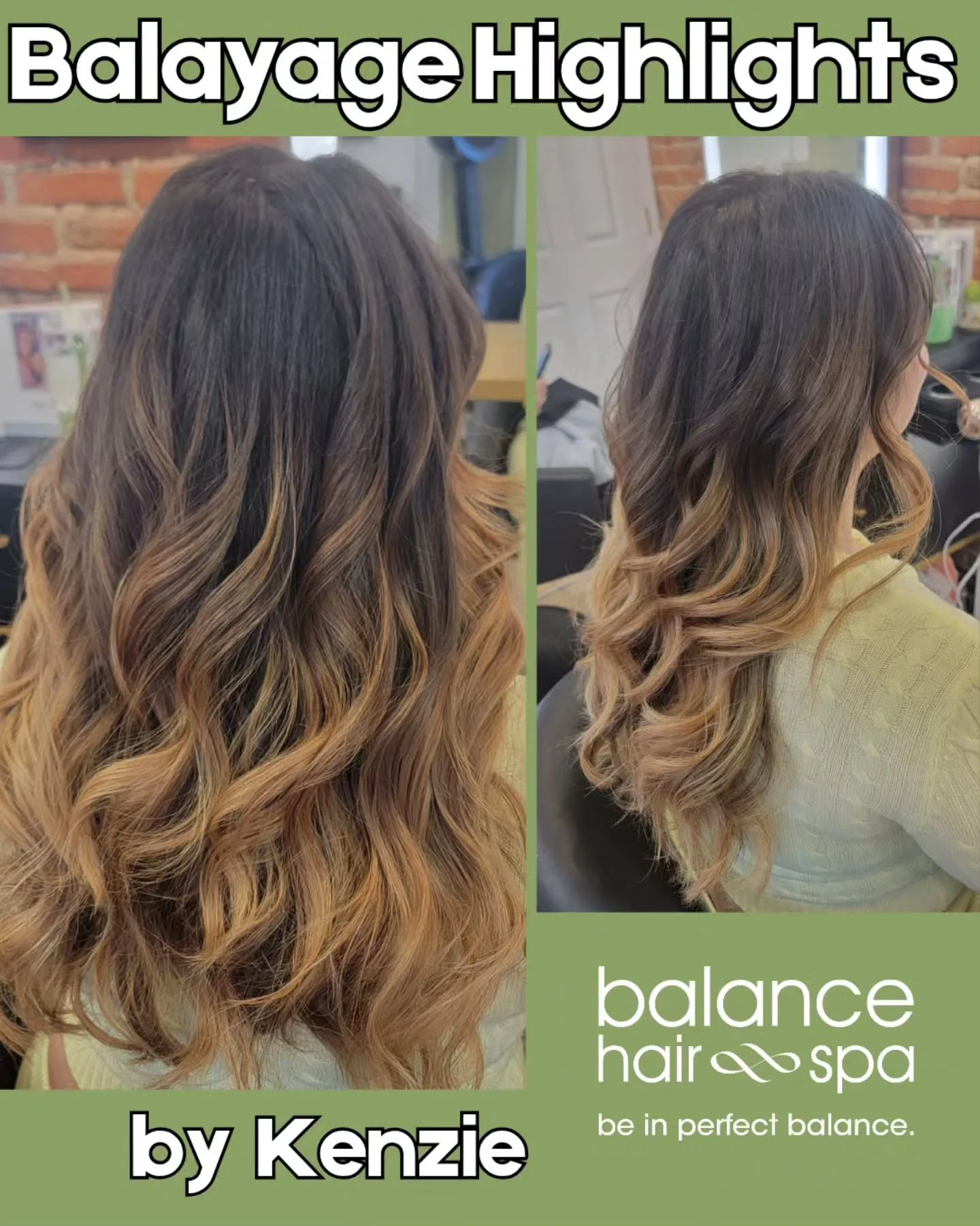 We're obsessed with this beautiful balayage by our hair designer, Kenzie. Balayage is a hand painted highlight designed to give a lived in natural look. They're easier to maintain compared to traditional highlights.  Let Kenzie help you find the colo
