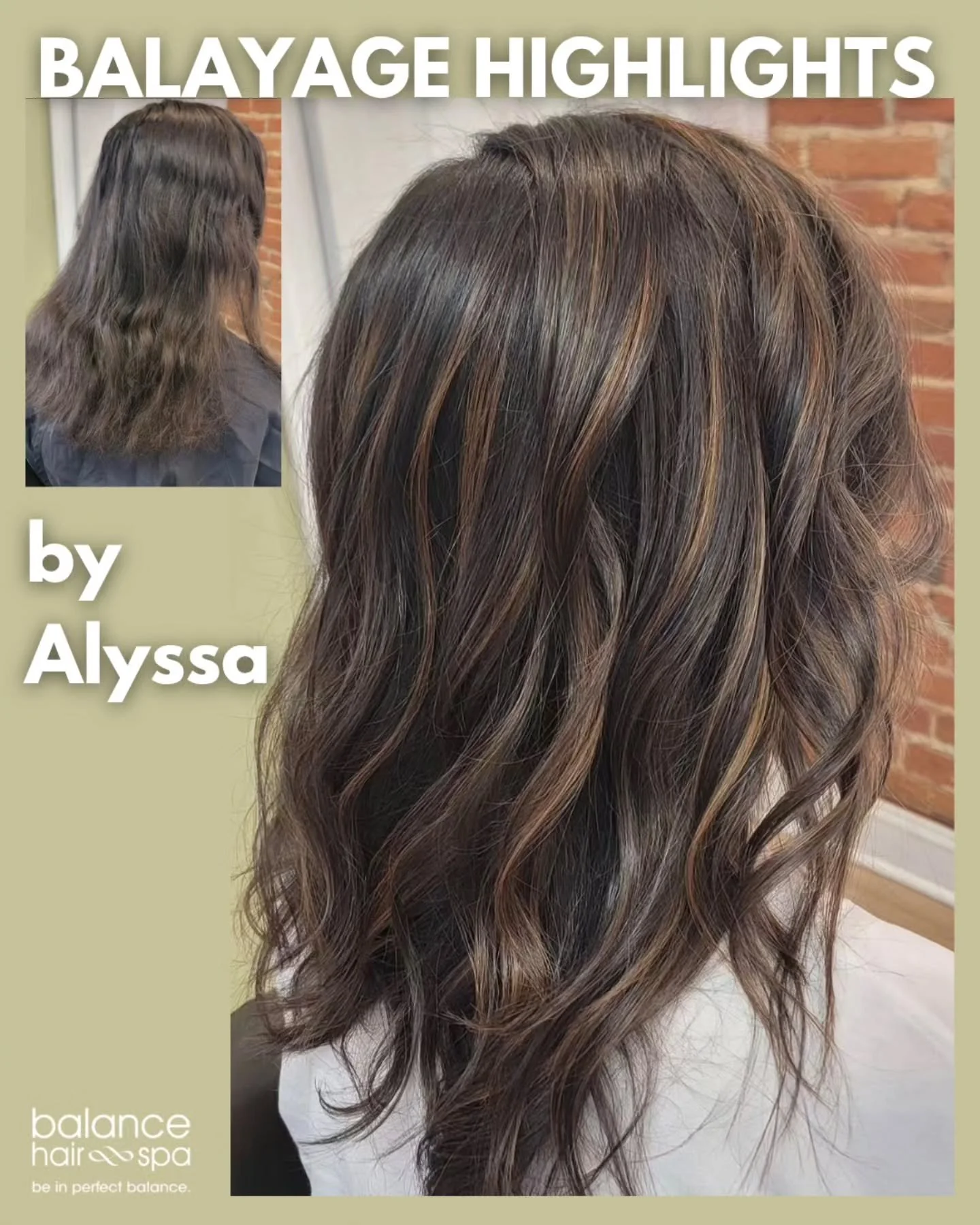 Our hair designer, Alyssa, helped this client give her color a kick with some balayage highlights. Breaking up her brunette with some warm highlights gives her hair more dimension and movement.  Let Alyssa help you give your style a kick. Make an app