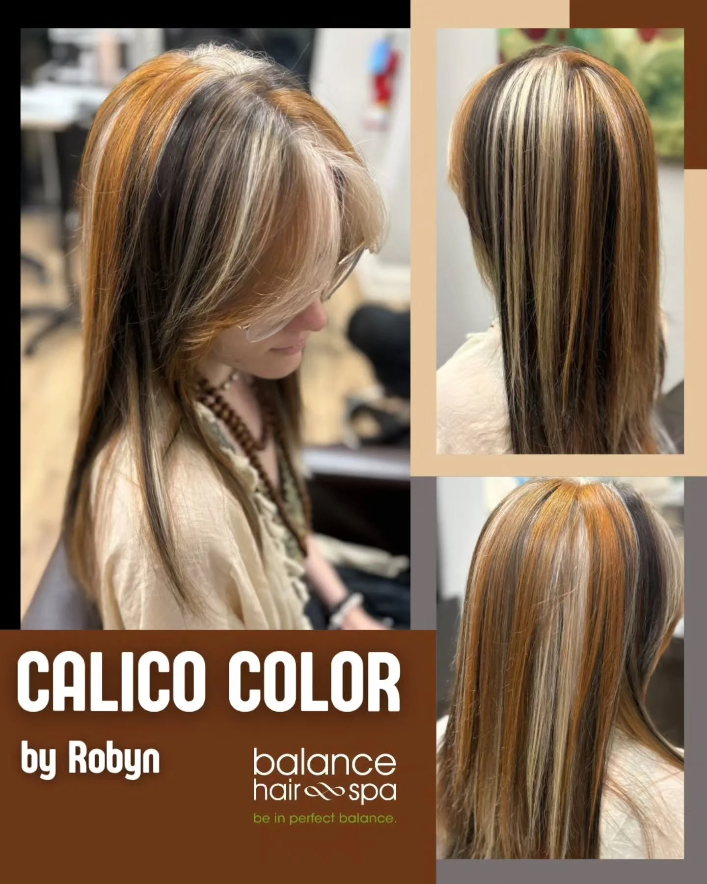 The calico color blocking trend continues with this beautiful color by Robyn.  It took some serious and meticulous color lifting and depositing to complete this look without jeopardizing the integrity of her hair. Let Robyn help you find that adventu