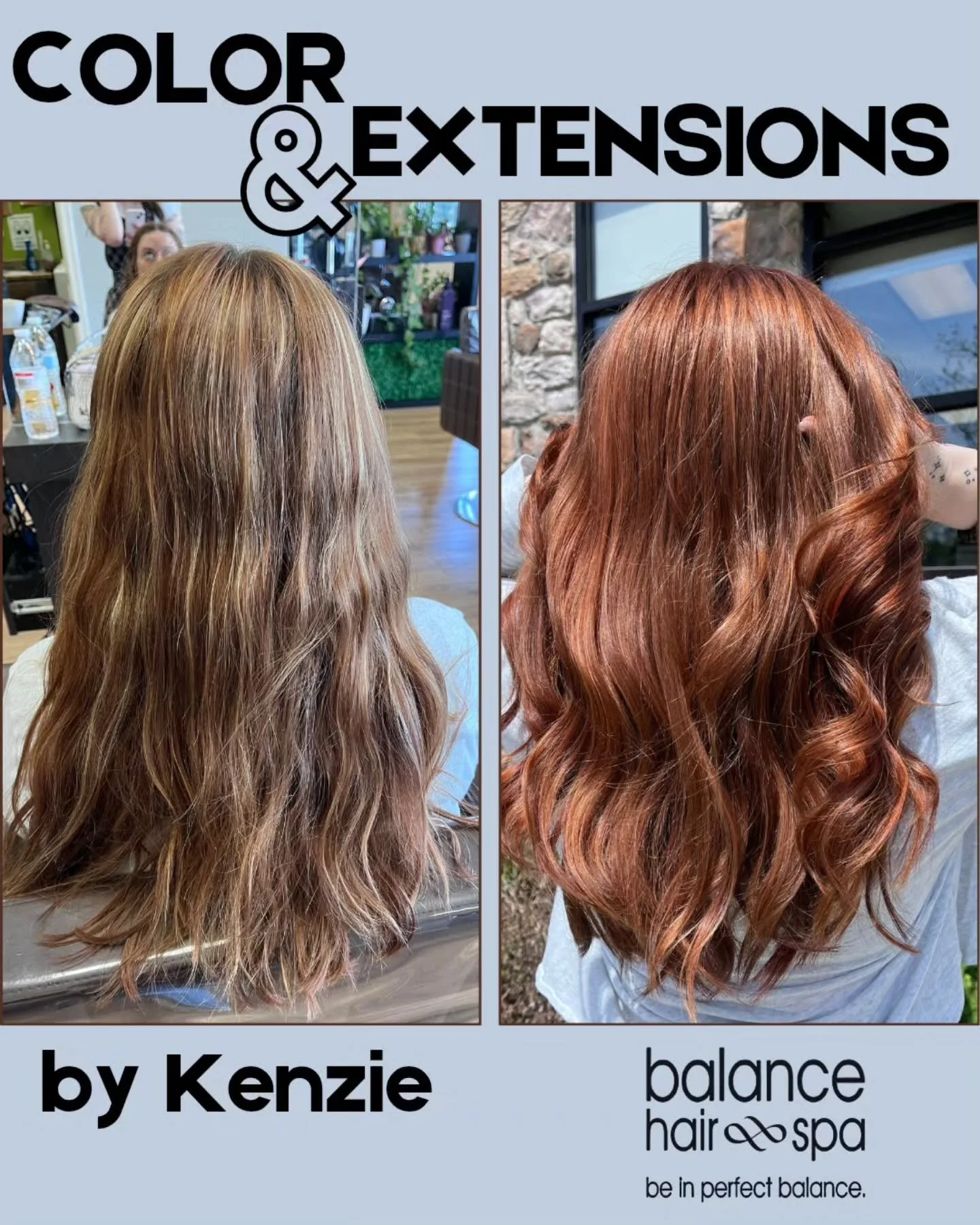 Our hair designer, Kenzie, helped this client with a big transformation.  Starting with a complete color change from blonde to a vibrant red. Then she went in and added Amplify extensions for more volume.  A perfect color match for a flawless style. 