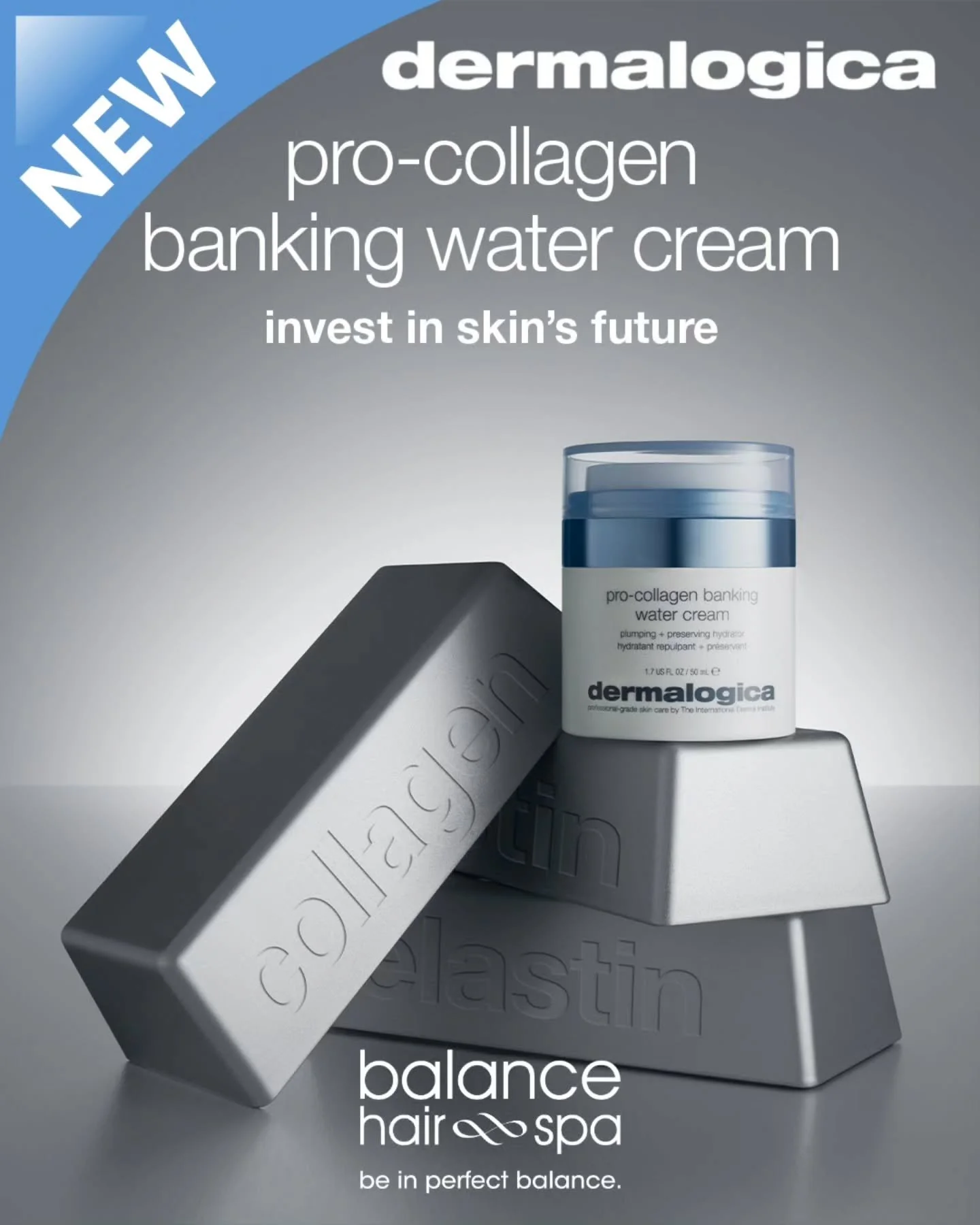NEW Pro-Collagen Banking Water Cream from Dermalogica. 
As skin ages, collagen and elastin naturally decline. This intensely hydrating water cream helps plump and preserve these critical proteins, supporting skin&rsquo;s resilience and barrier streng