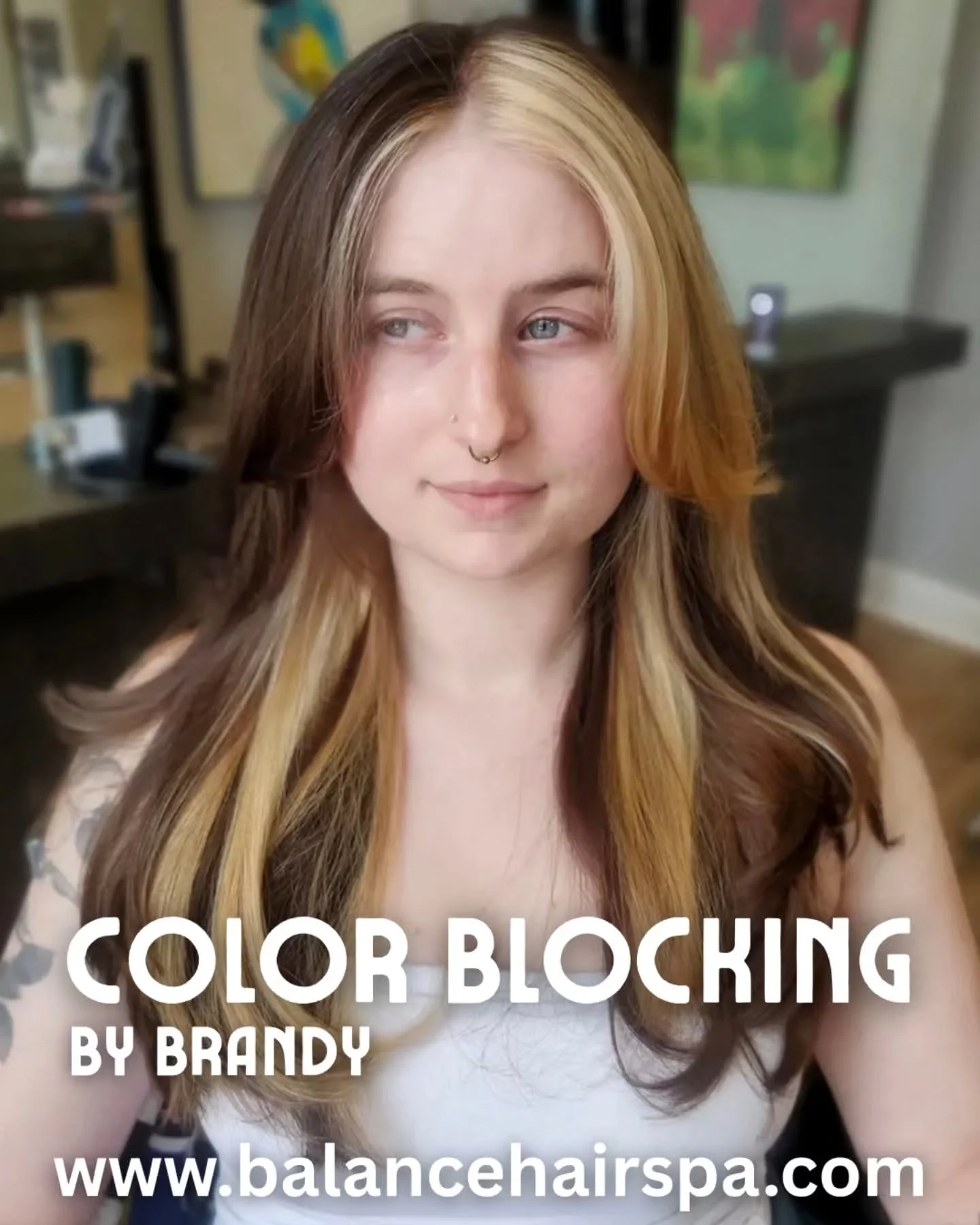 Check out this beautiful color blocking by our hair designer, Brandy.  Color blocking is a high-contrast styling technique that involves applying distinct, solid blocks of color to specific, large sections of hair rather than blending them throughout
