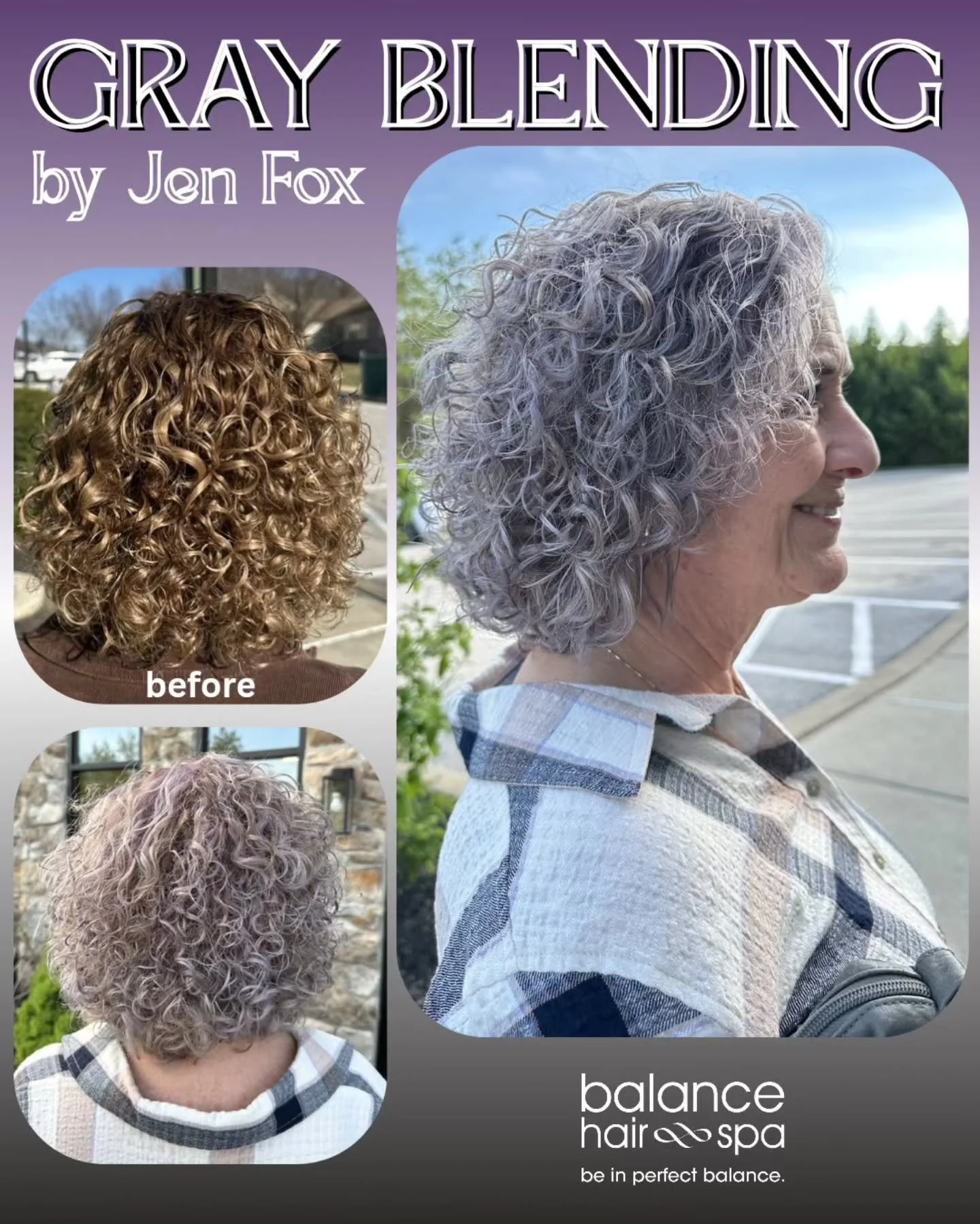 After years of coloring and highlighting her hair, this client made the decision to embrace her grays.  Our hair designer,  Jen Fox, took on the task of transitioning her with hours of work to give her a beautiful color that will forever be easier to