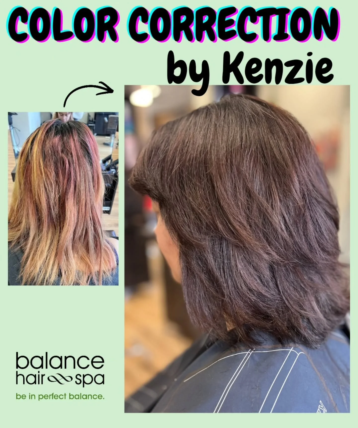 Look at this!! Our hair designer,  Kenzie, helped this client with a major color correction.  With multiple layers of box color, bleach, and more color, Kenzie was able to make her a more natural brunette. Let Kenzie help you find the color that best