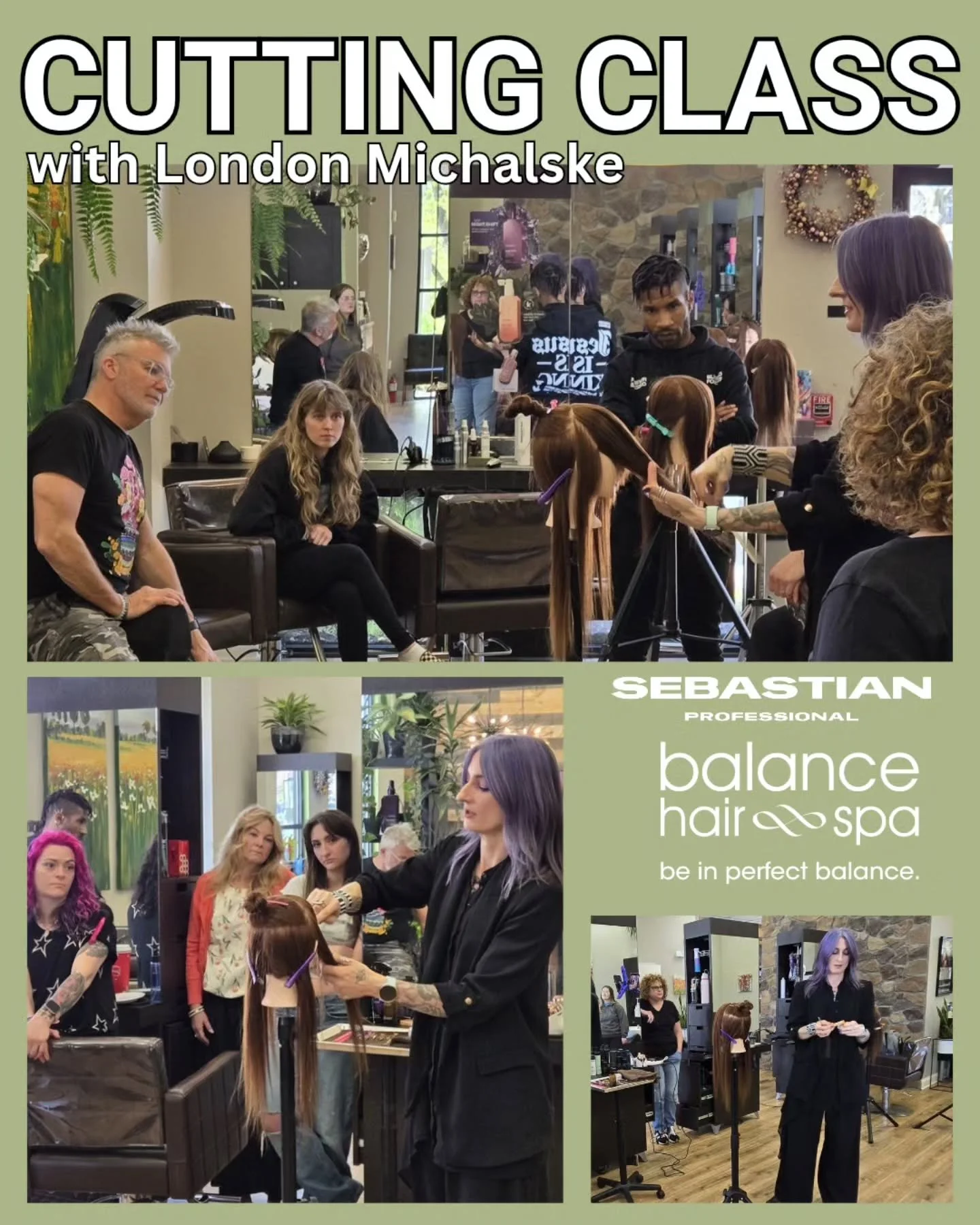 On Sunday, May 3rd Balance Hair Spa owners treated our team of cosmetologists to a hands on advanced cutting class with Sebastian Professional stylist, London Michalske. Showing the team her take on a modern day shag cut. 
 She gave them advice on ho