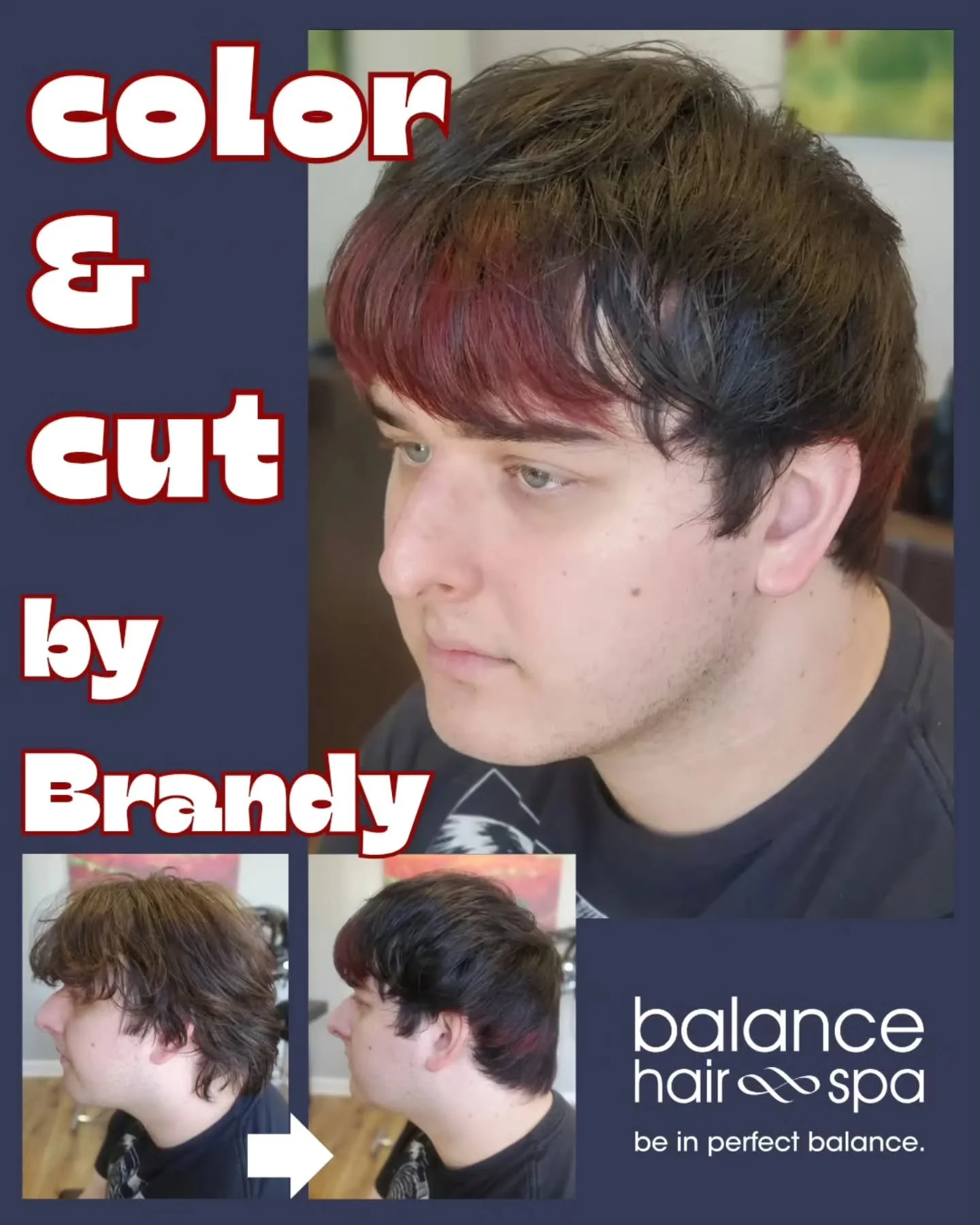 Our hair designer, Brandy, gave her client a fun new style. Starting with a deeper color with pops of red. Then finishing with a textured cut for more movement.  Brandy loves to be creative with her clients. Let her help you find your individual styl