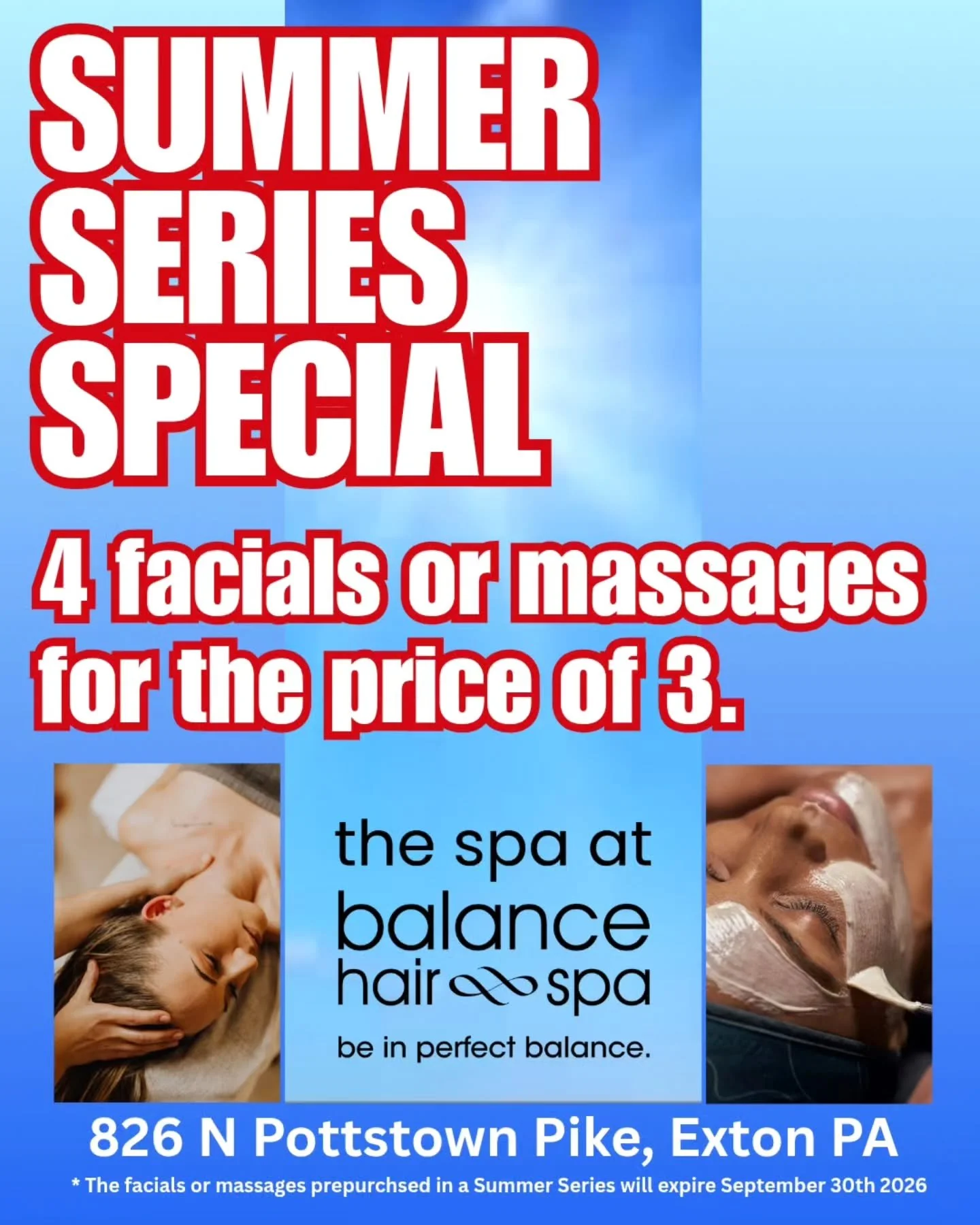 Save on your favorite facial or massage this Summer with our Summer Series Special.  Pre-purchase 4 facials or massages for the price of 3. That's over $100 savings. This series expires at the end of September,  giving you one each month this Summer.