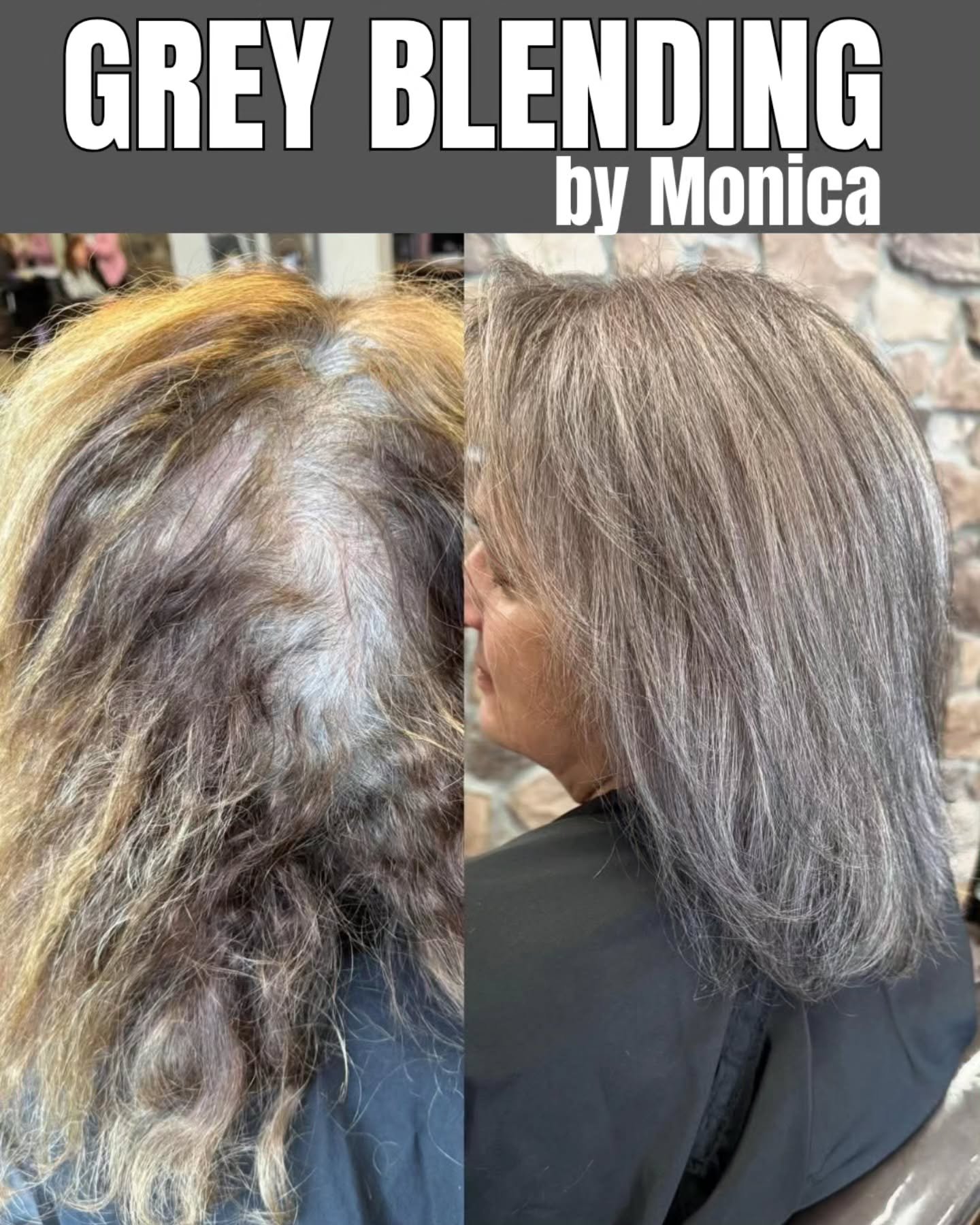 Another client took the leap and embraced her grey hair. Our hair designer,  Monica, helped by taking the time to give her this beautiful blended grey color. Let Monica or any of our beauty professionals help you embrace your natural grey hair.  Make