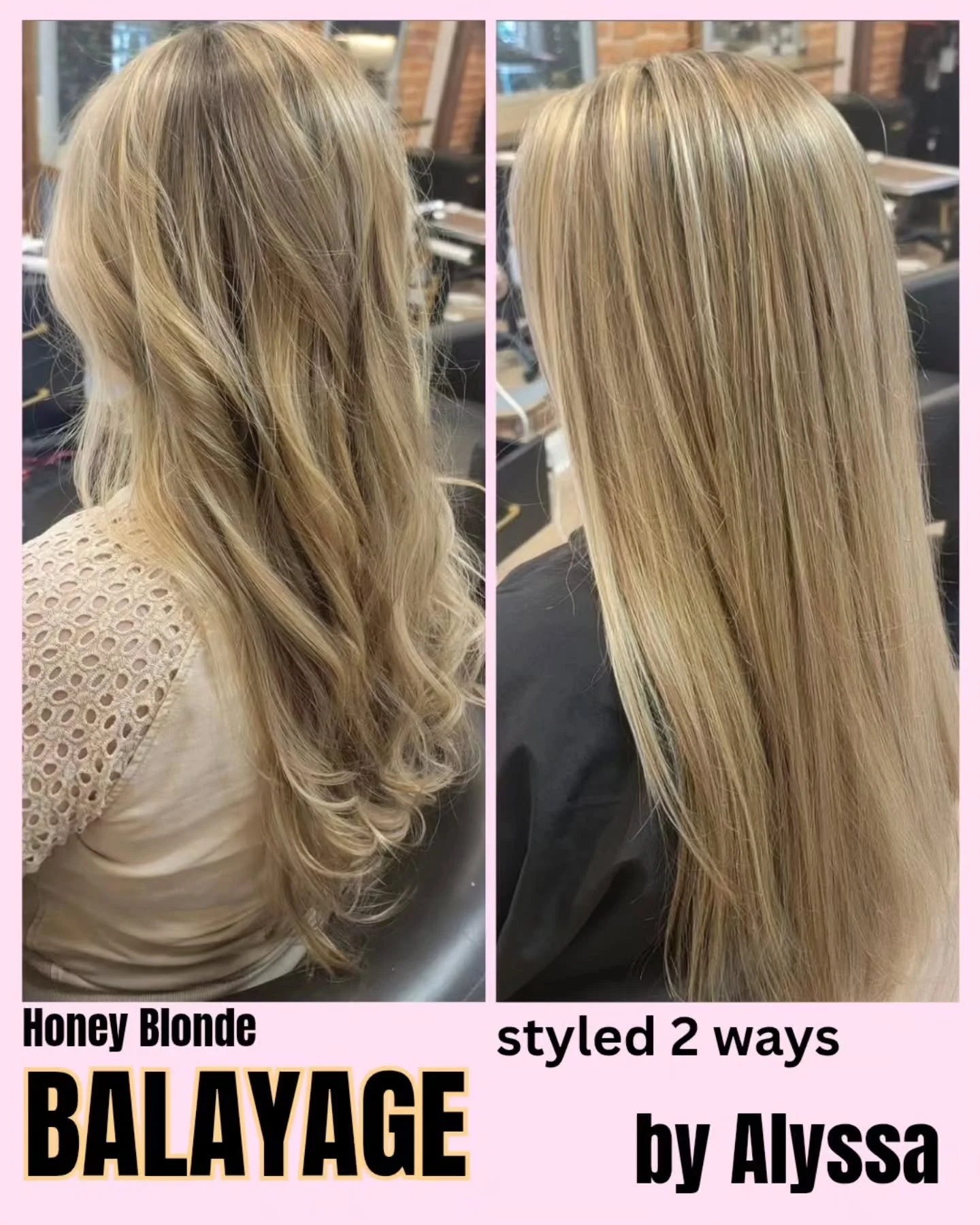 Our hair designer, Alyssa,  helped this client warm up her natural color by adding some balayage ribbons of honey blonde highlights. This sunkissed balayage will grow out natually without the high maintenance of traditional highlights. 
Let Alyssa he