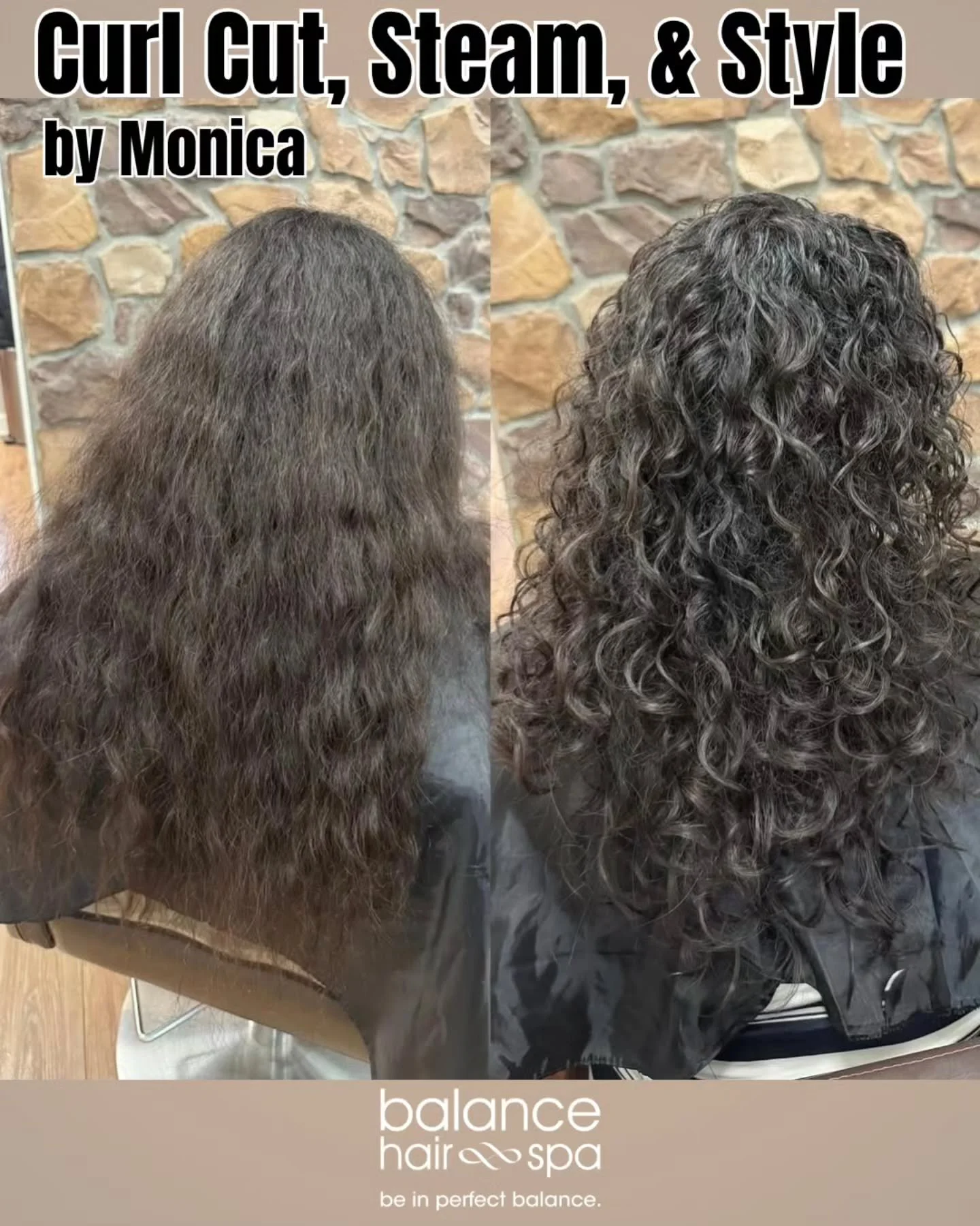A curl cut, steam, and styled by our hair designer,  Monica. Steaming curly hair boosts deep conditioner penetration, deeply hydrates dry strands, reduces breakage, and rejuvenates your natural curl pattern. Let Monica help you maintain your natural 