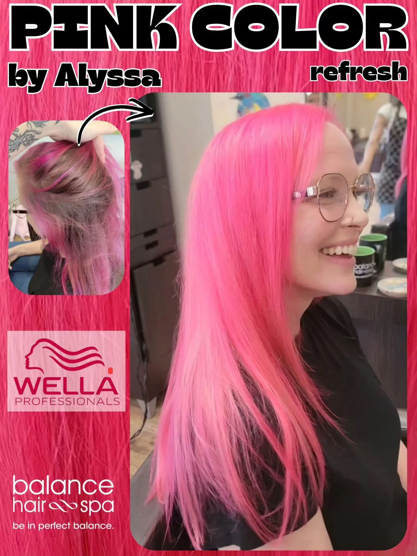 A bright pink color refresh by our hair designer,  Alyssa. She used Wella Professional color to ensure that her client's hair remained healthy throughout the process. Let Alyssa help you find the color that best fits your style. Make an appointment a