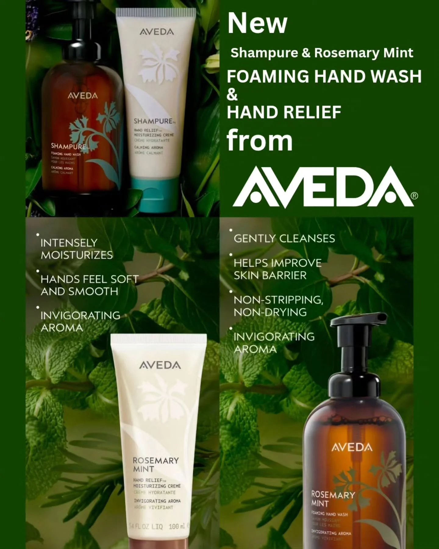 We are excited to announce the official launch of Aveda's new foaming hand wash and hand relief cream in Rosemary Mint &amp; Shampure aromas.
Now available at Balance Hair Spa. We  have the foaming hand wash in refill sizes too.
Stop in and check the