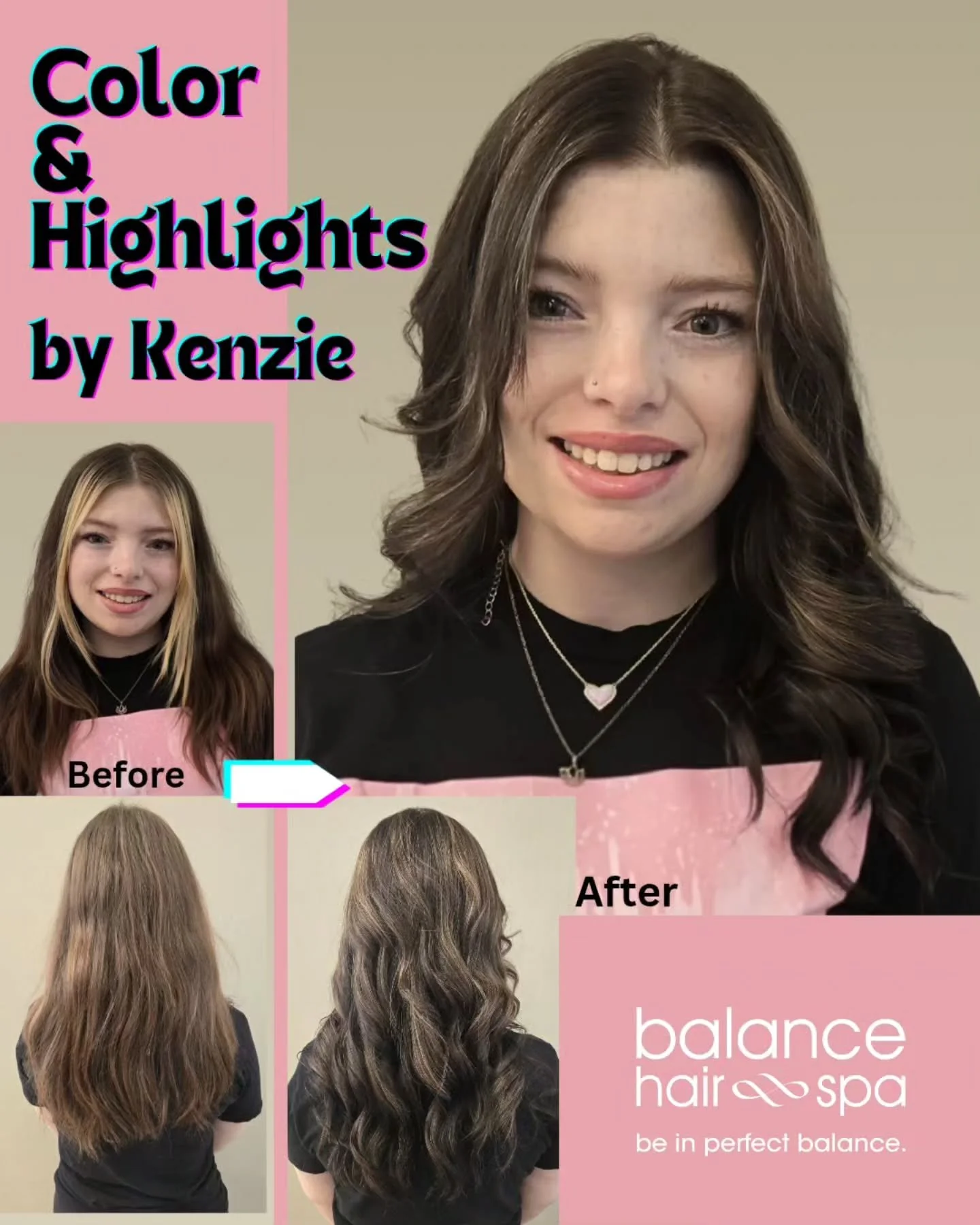 A color shift by our hair designer, Kenzie. This client wanted to go darker and remove the money piece. Kenzie gave her a full color and then added highlights for dimension.  The finished look is exactly what she needed. Let Kenzie help you find the 