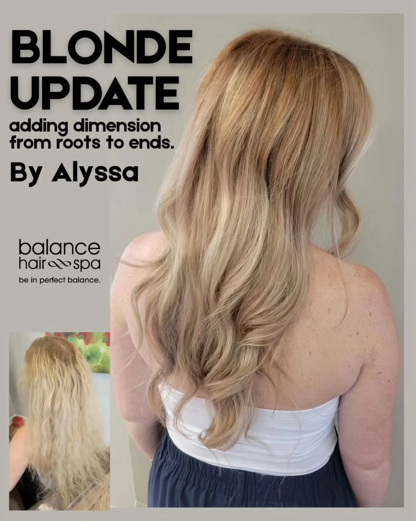 Our hair designer,  Alyssa,  helped her client refresh her blonde. She added some deeper shades to give her client more depth and dimension to her color. Bringing the dimension all the way from roots to ends keeps her hair from washing her out and bl