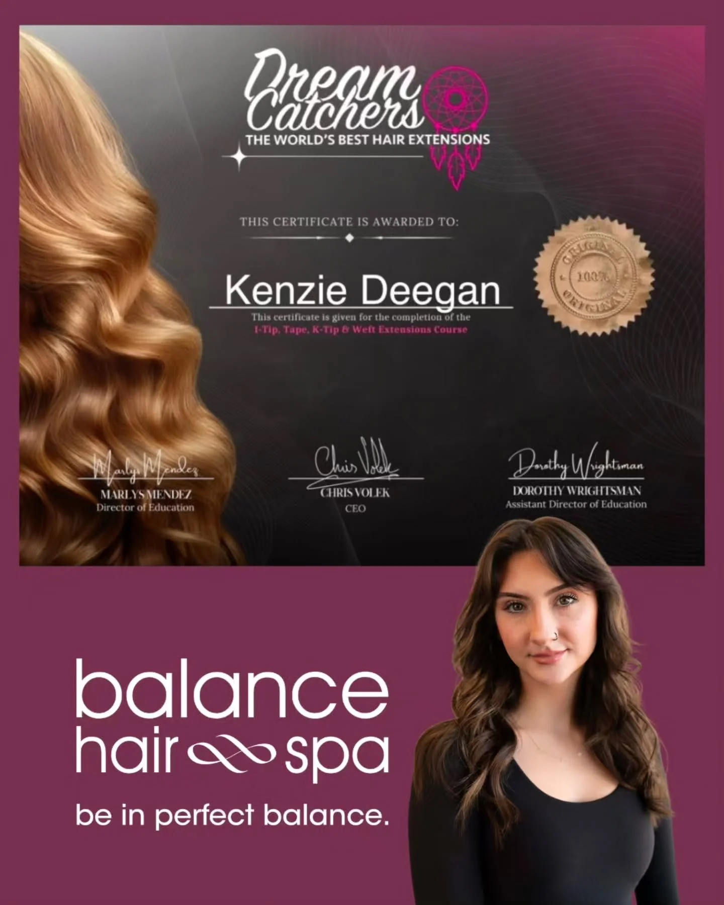 Our hair designer,  Kenzie, has completed the training and is now certified in Dream Catchers professional hair extensions. She is now taking extensions clients at 
https://balancehairspa.com/appointment-request

&nbsp;@clubpilates_exton @juicepod_li