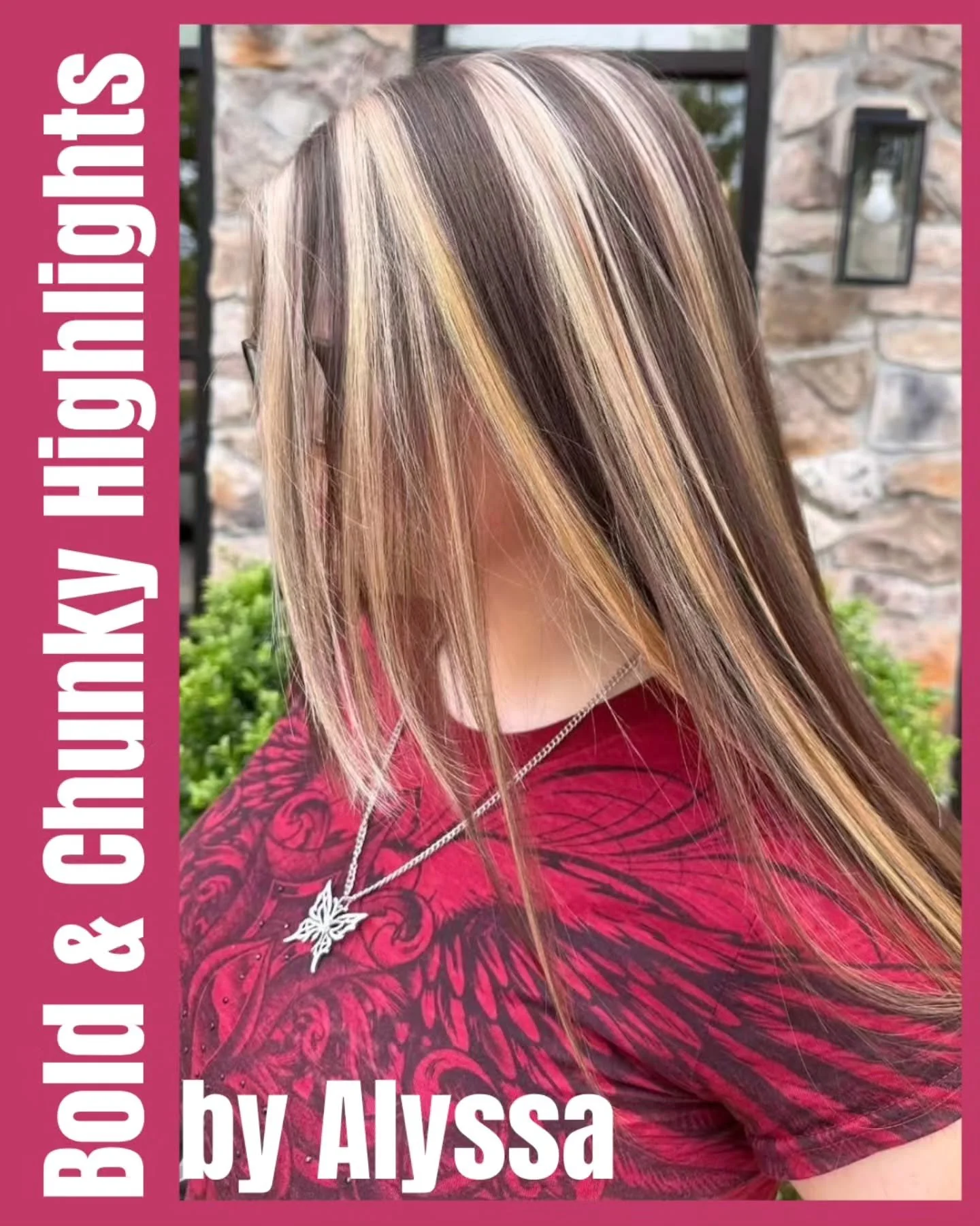 Our hair designer, Alyssa, helped this clinet obtain a Y2K inspired color adding bold and chunky highlights. (A very popular trend in the late 90's.) Let Alyssa help you find the color that best fits your style. Make an appointment at
https://balance