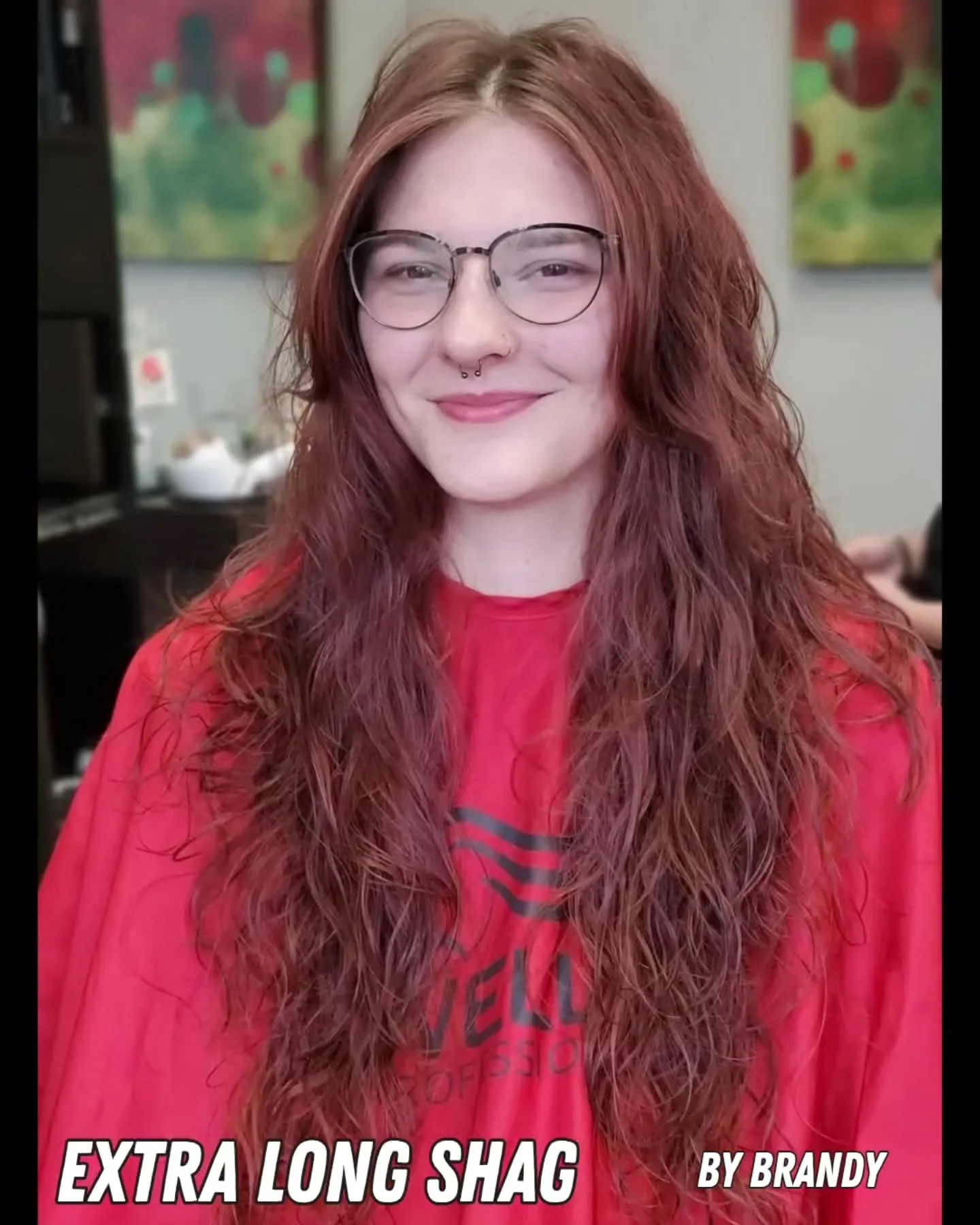 Our hair designer, Brandy, helped this client with a big cut. She wanted to keep some length, coming in with hair down to her waist. After removing several inches, Brandy cut long, shaggy layers, giving her hair more movement while also maintaining s