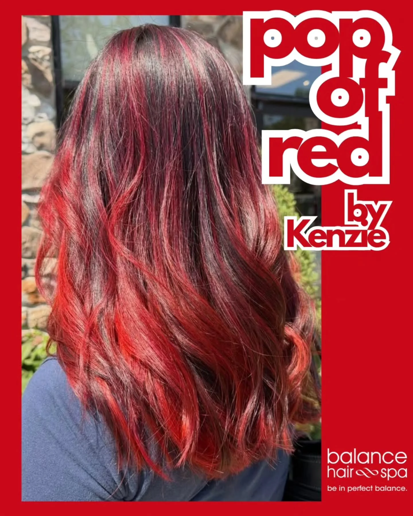 Our hair designer, Kenzie, helped her client get these vibrant pops of red. After lifting her highlights, Kenzie added the bright Diablo color by Danger Jones for this finshed look. A fun and rememberable back to school look. Let Kenzie help you find