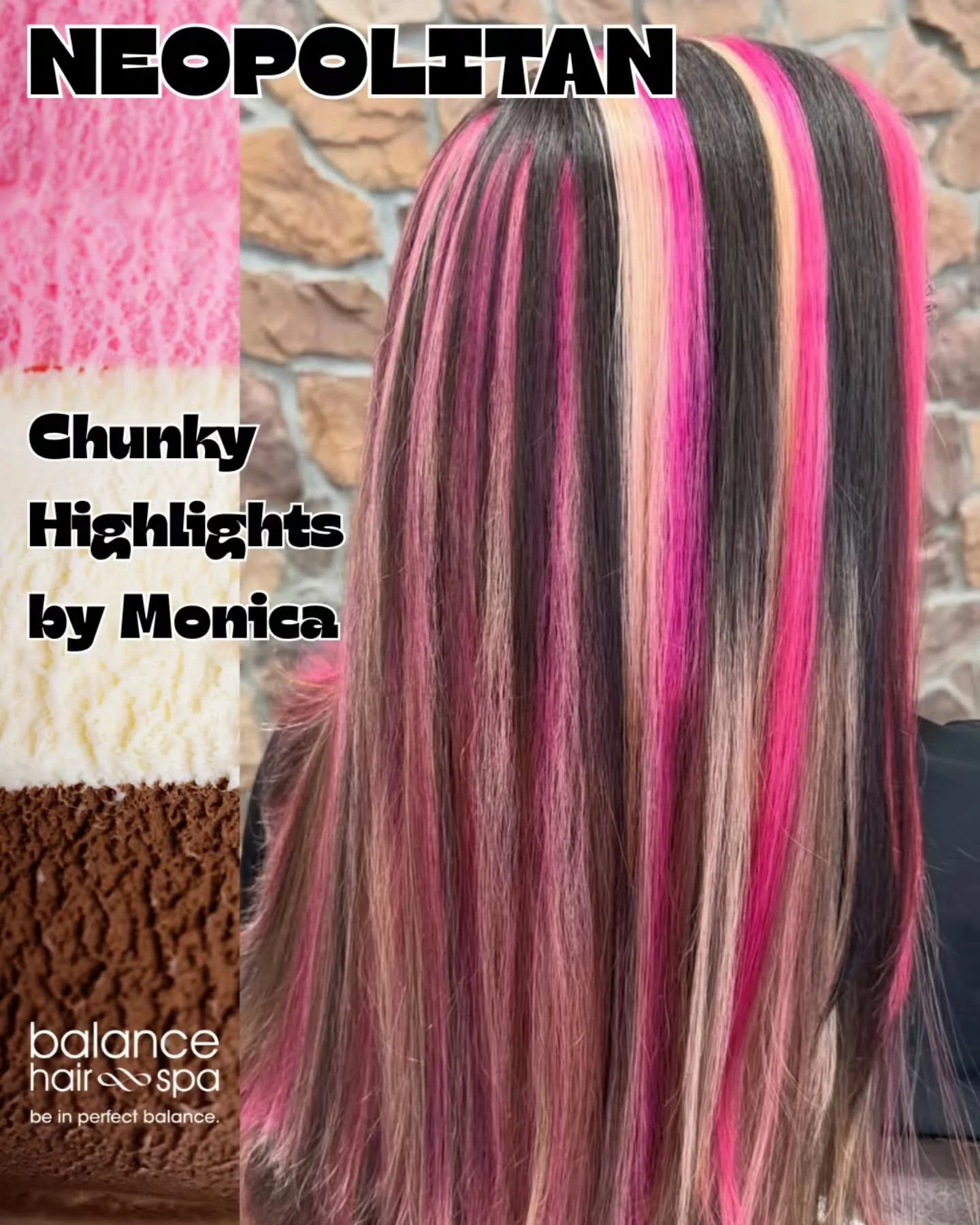 The Y2K trend keeps growing with clients wanting these fun classic looks. That includes chunky highlights like this neopolitan inspired color done by our hair designer, Monica.  Let our team of beauty professionals help you find the color that best f