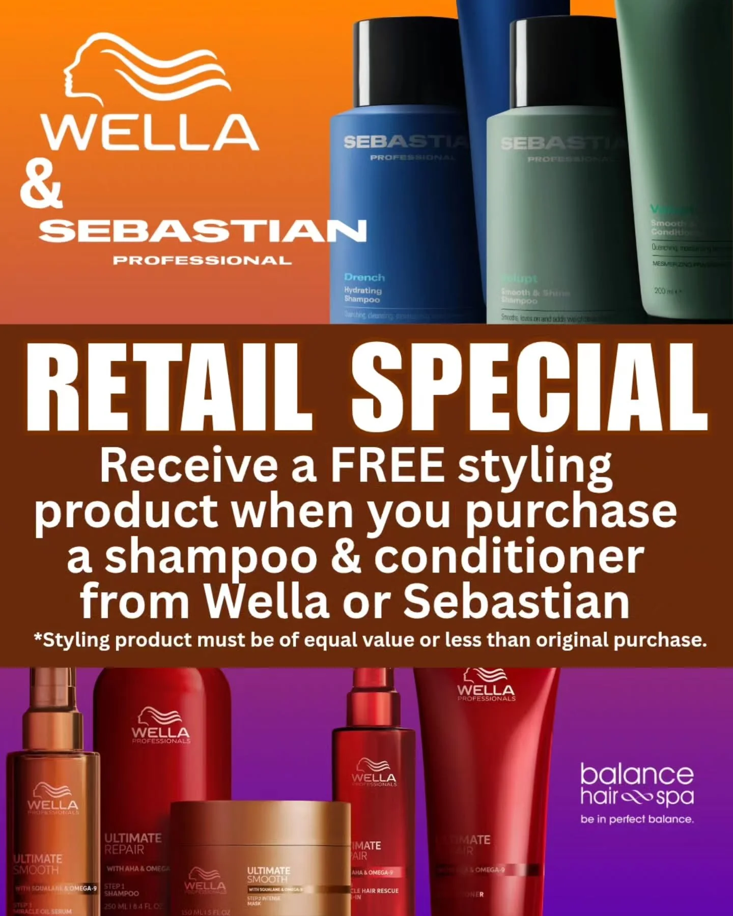 Our September specials are up on our website. Including this great special with Wella or Sebastion Professional. Check out our complete list of specials here.
https://balancehairspa.com/specials 
@clubpilates_exton @juicepod_lionville firstresourceba