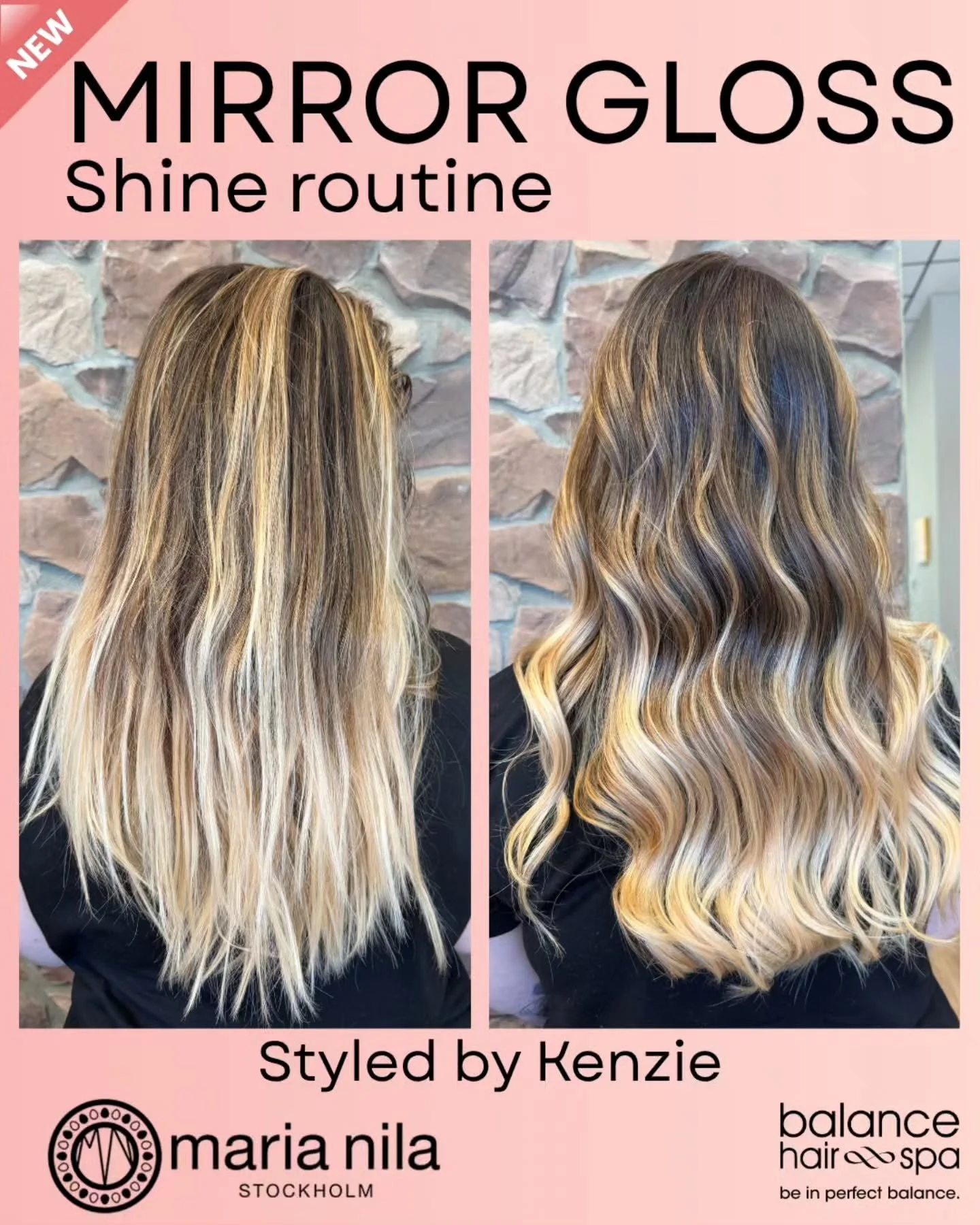 Our hair designer,  Kenzie, absolutely loves the new Mirror Gloss line from Maria Nila. This shine-boosting haircare collection is designed to give you glossy, glass-like hair.
 The Fiber Filling Technology smooth and even out the hair fiber, while p